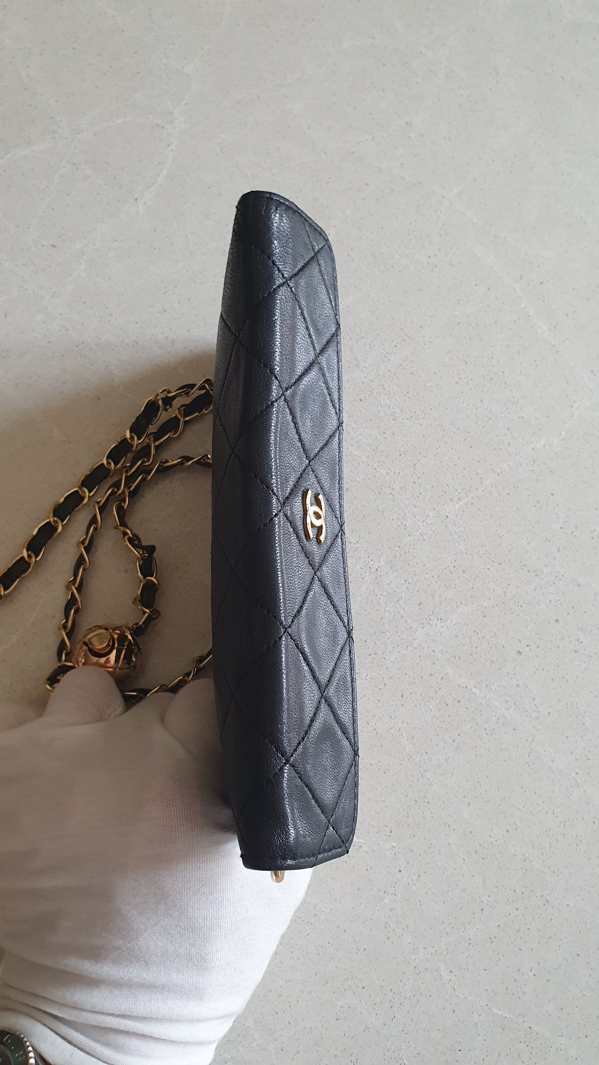 Authentic Vintage Chanel Upcycle Black Leather Flat Clutch with Chain