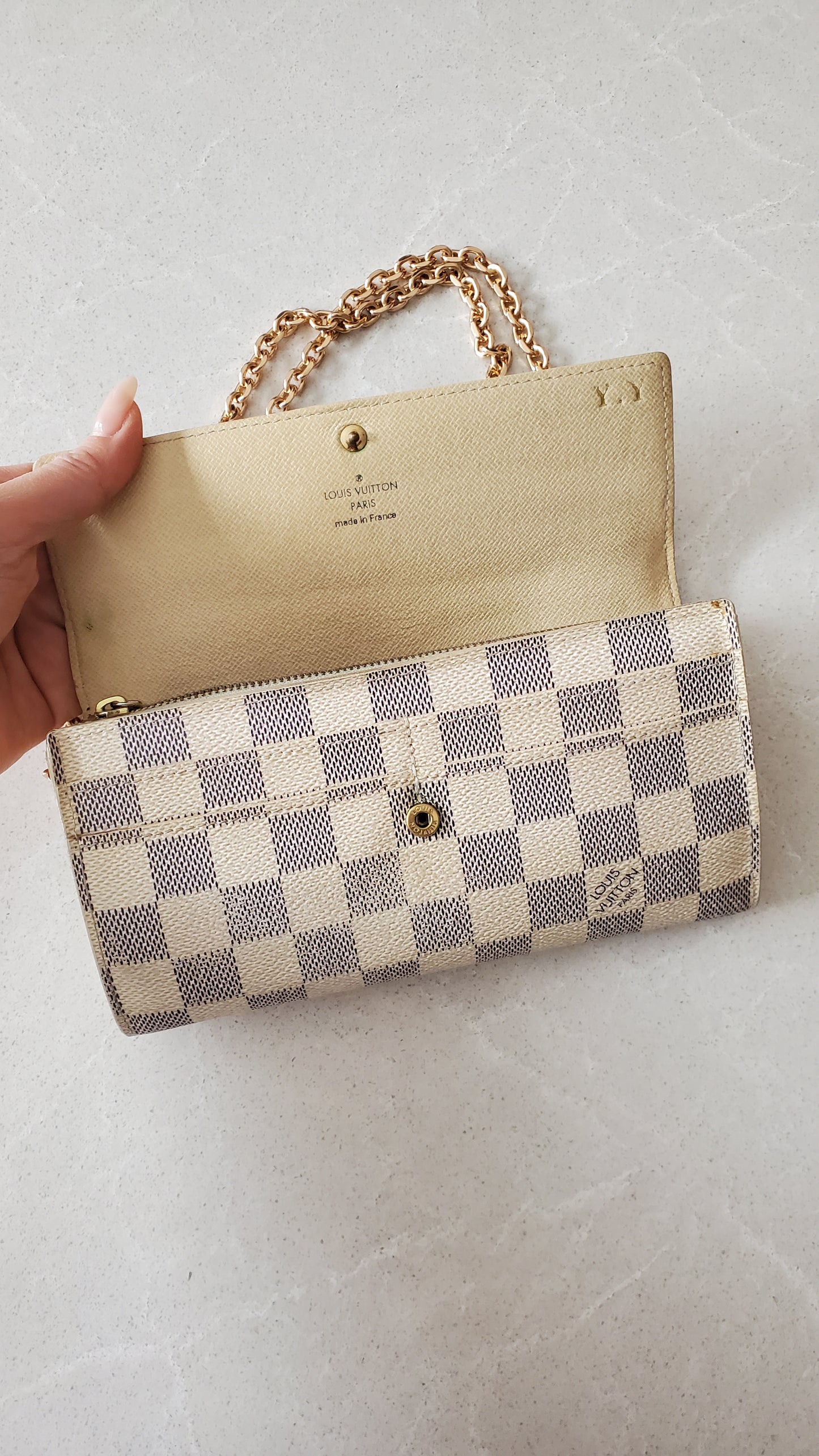 Authentic Louis Vuitton White Damier Upcycle Long Wallet on Chain
