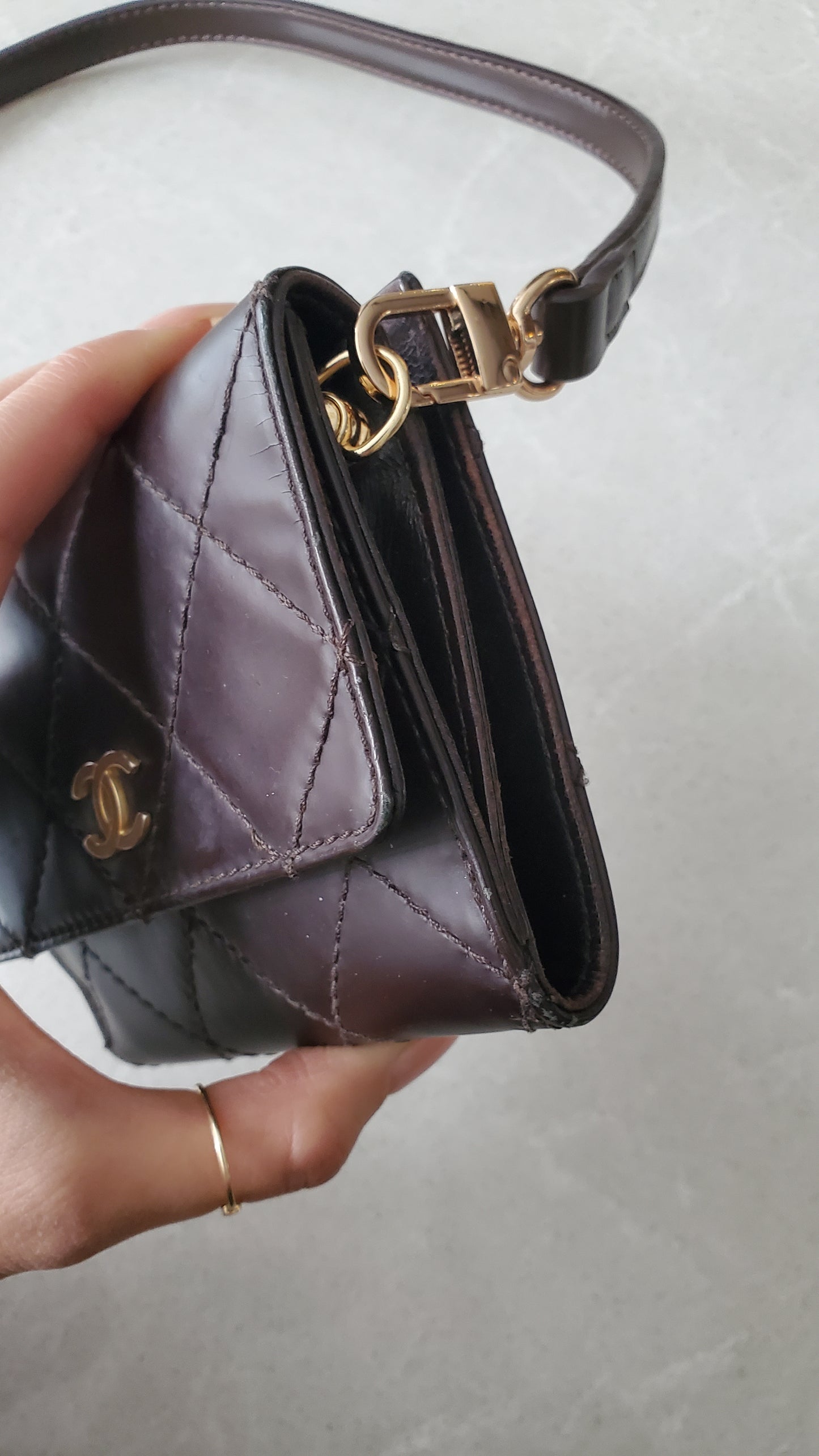 Authentic Vintage Chanel Upcycle (Brown) Small Shoulder Wallet with Strap