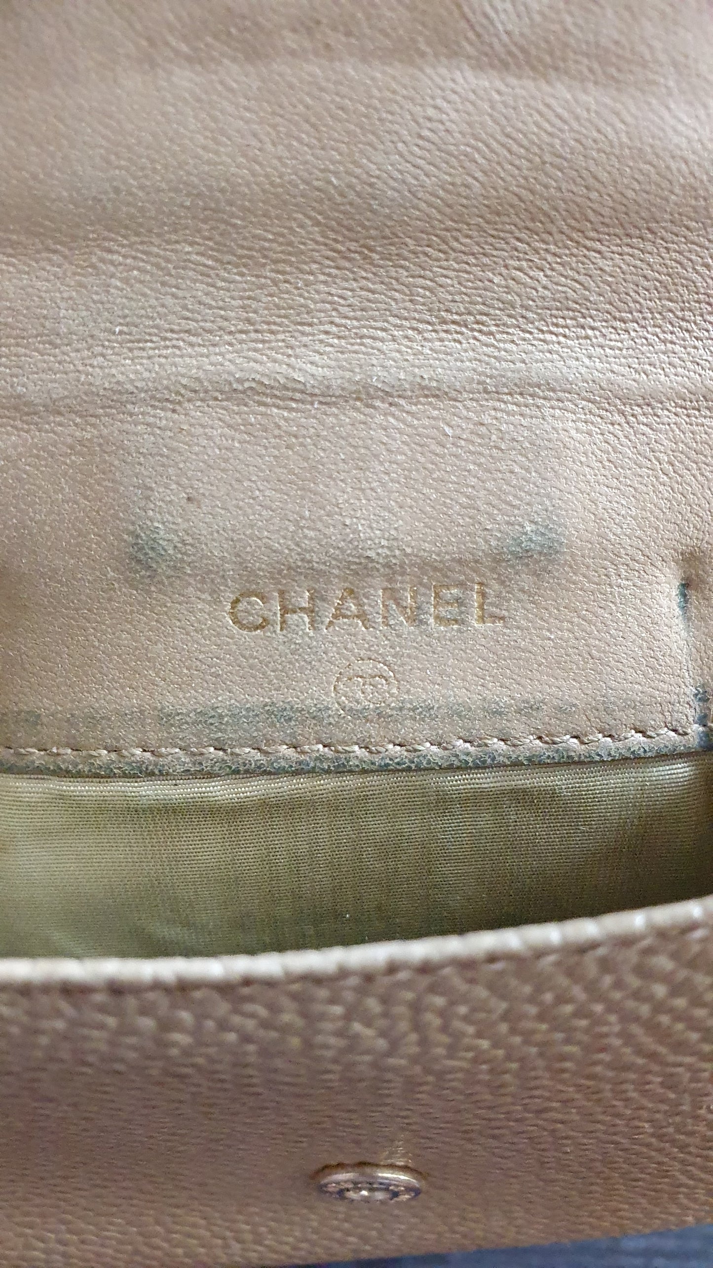Authentic Chanel Upcycle (Tan) Small Compact Caviar Wallet with Chain