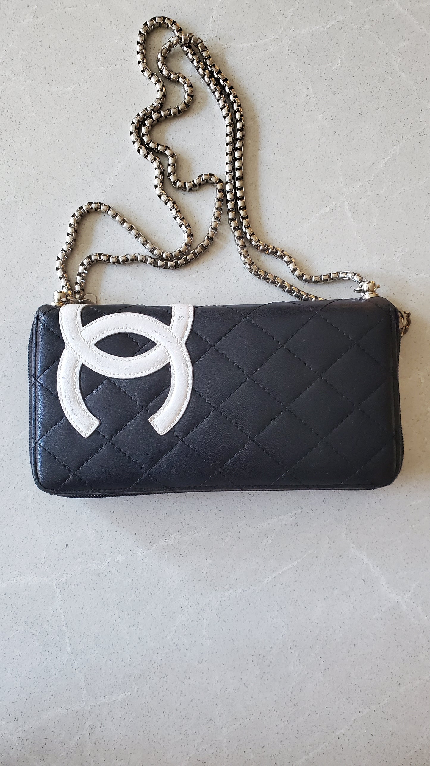 Authentic Vintage Chanel Upcycle Black Lambskin Zip Wallet with Chain