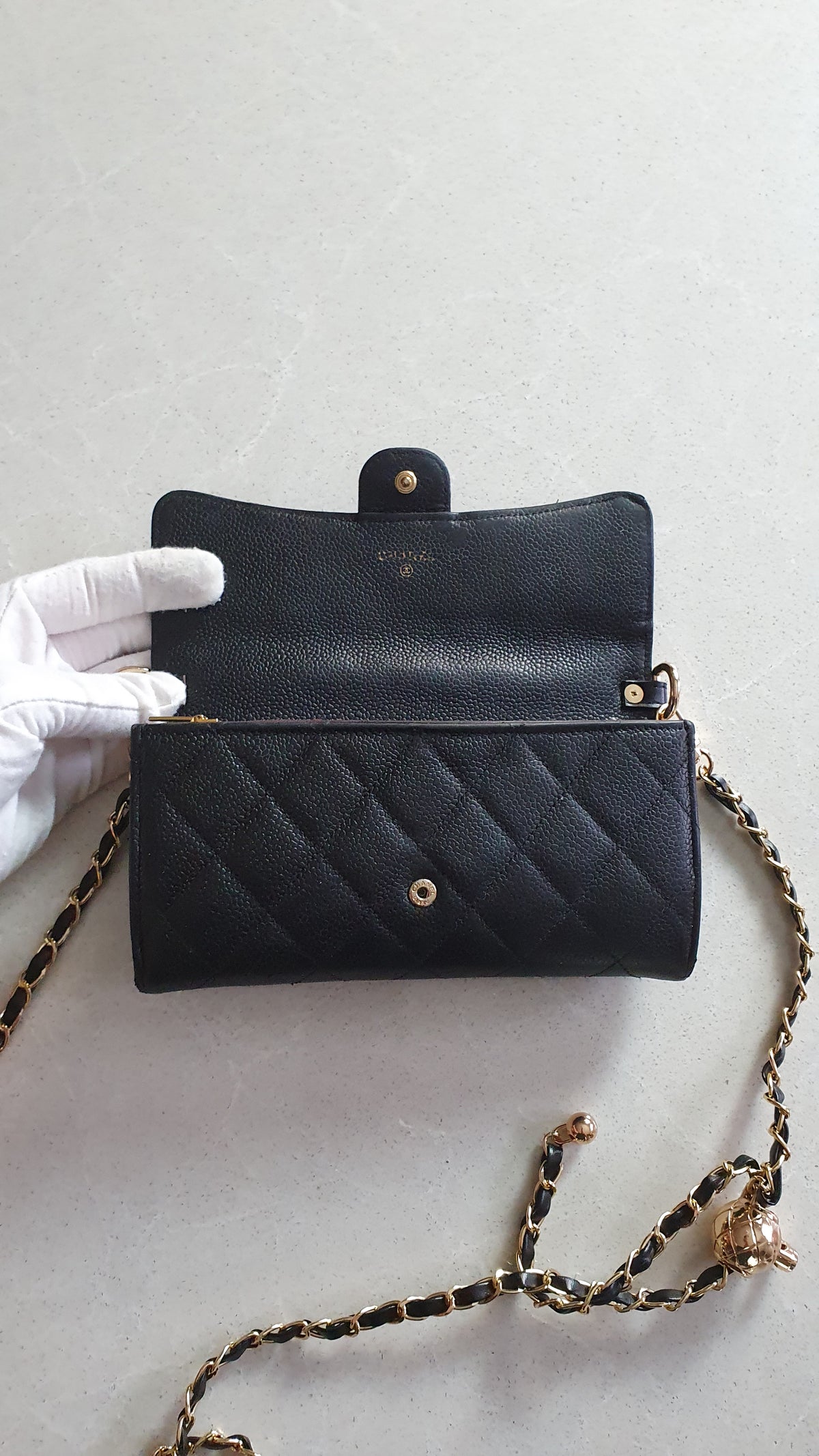Authentic Chanel Upcycle Black Caviar Long Wallet Purse with Strap & Chain