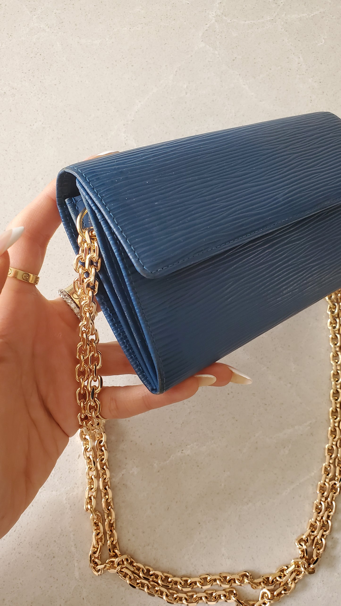 Authentic Louis Vuitton Upcycle Blue Epi Long Wallet on Chain