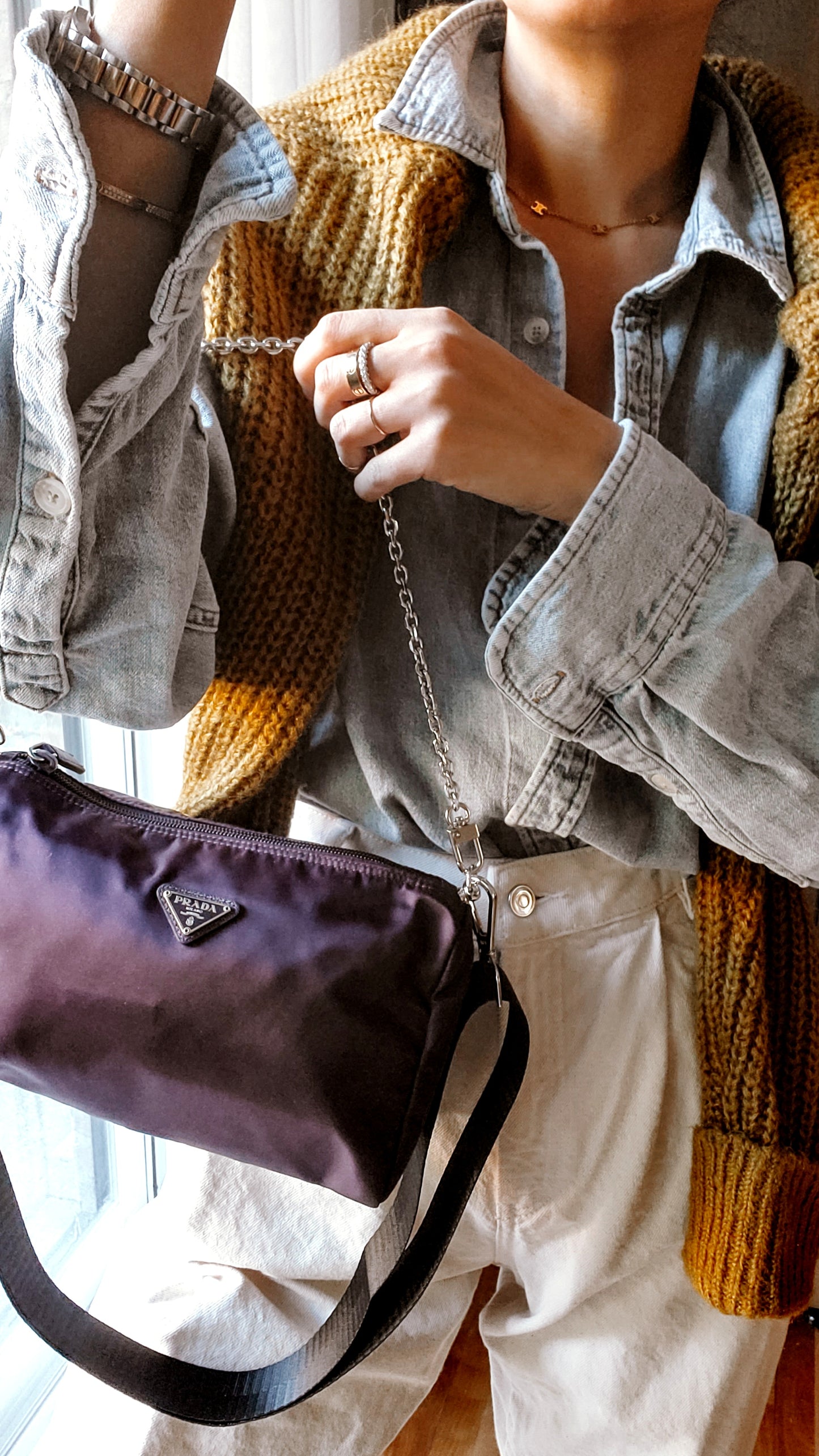 Authentic Prada Upcycle Purple Nylon Medium Size Pouch on Chain & Strap