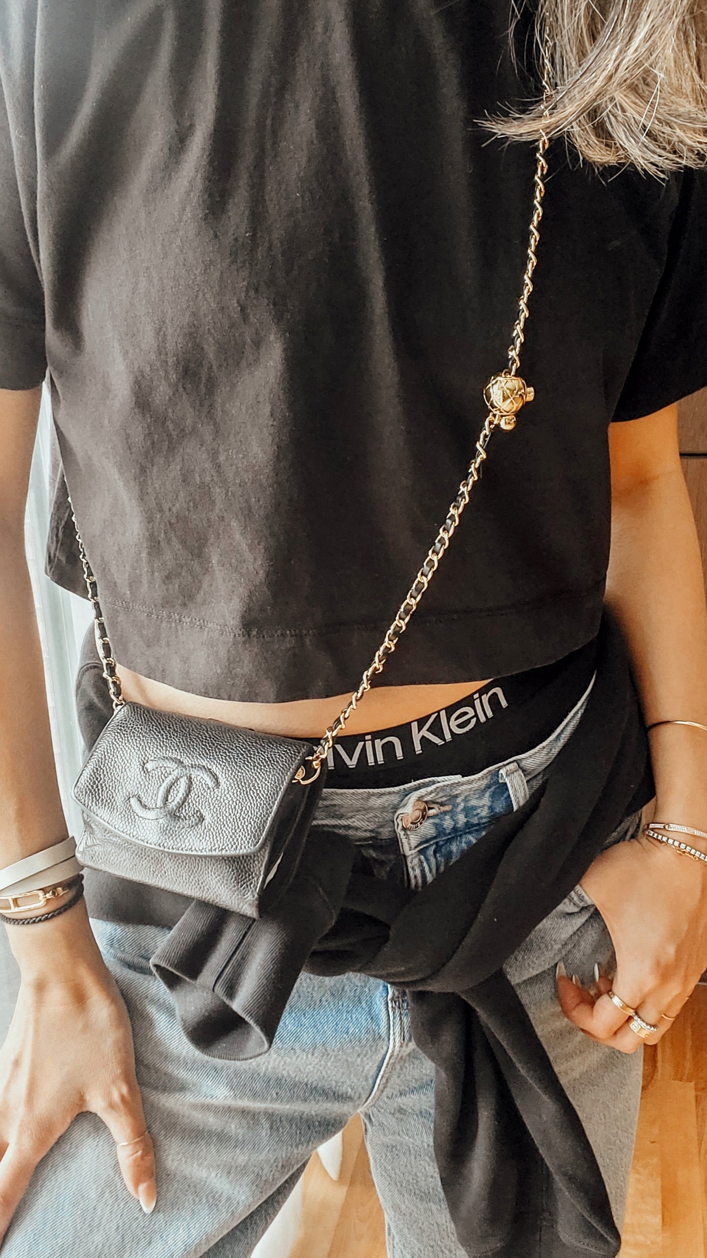 Authentic Vintage Chanel Upcycle Black Caviar Compact Wallet on Chain