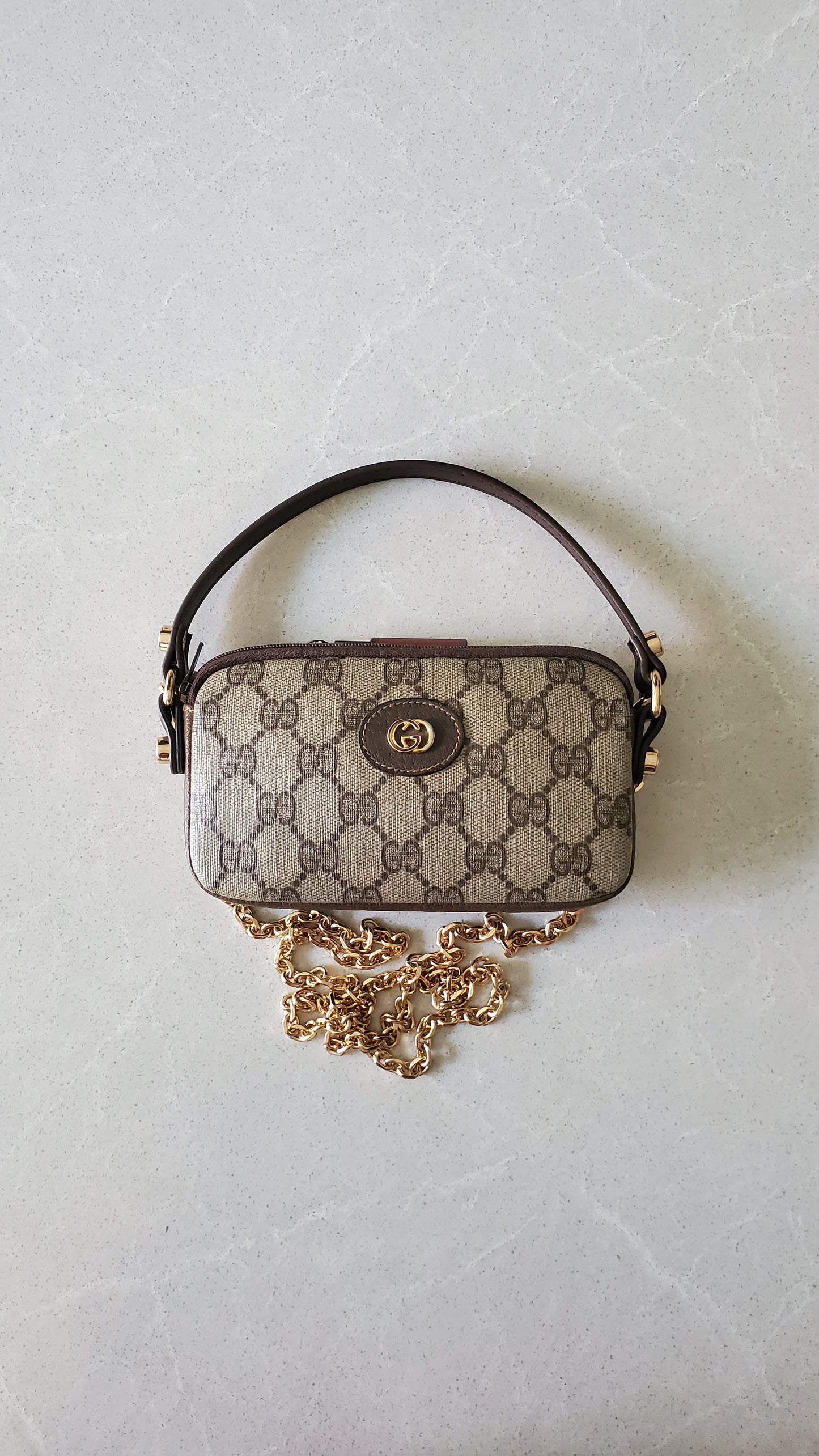 Authentic Vintage Gucci Upcycle Small Brown Pouch with Chain & Strap