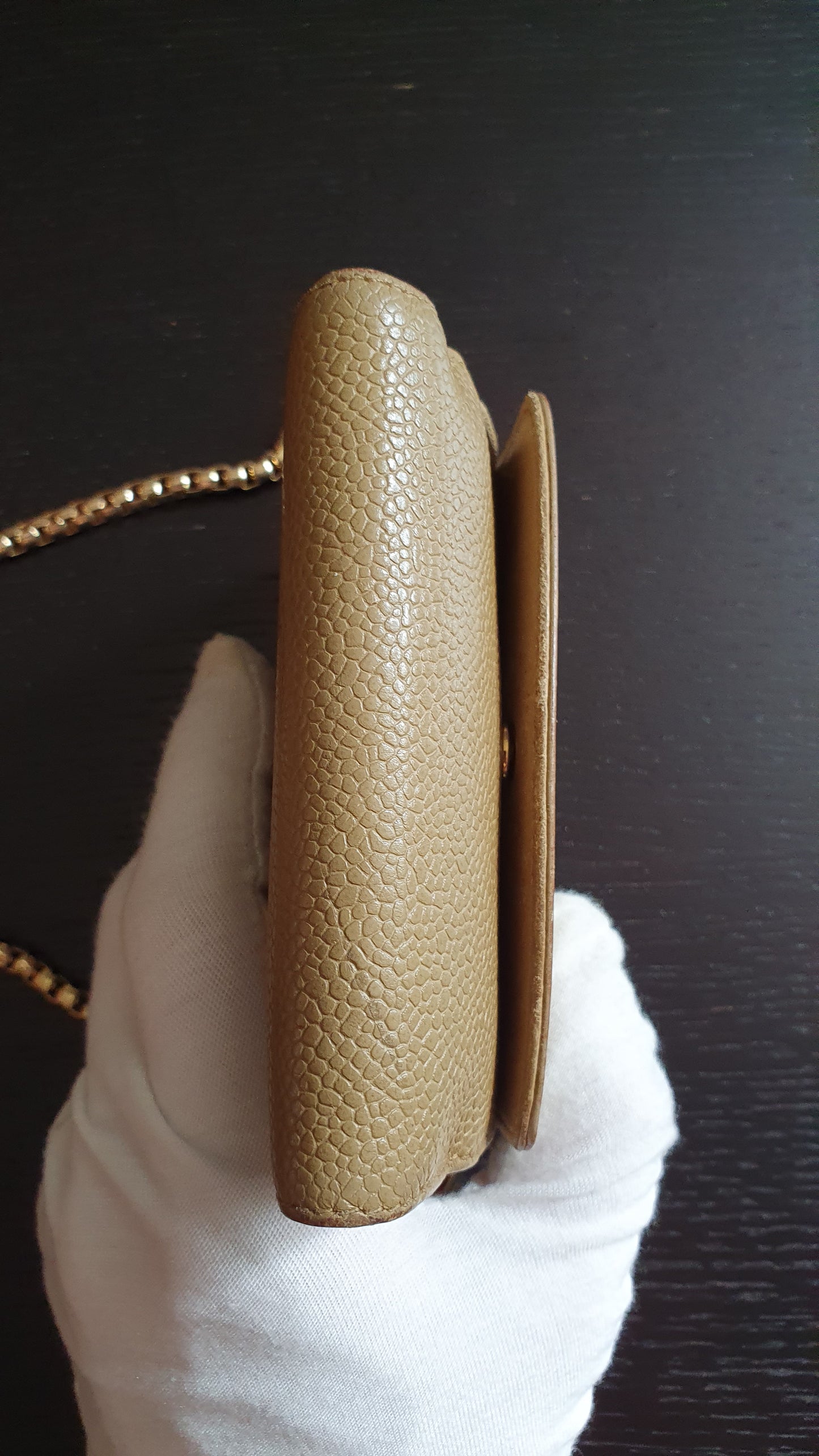 Authentic Chanel Upcycle (Tan) Small Compact Caviar Wallet with Chain