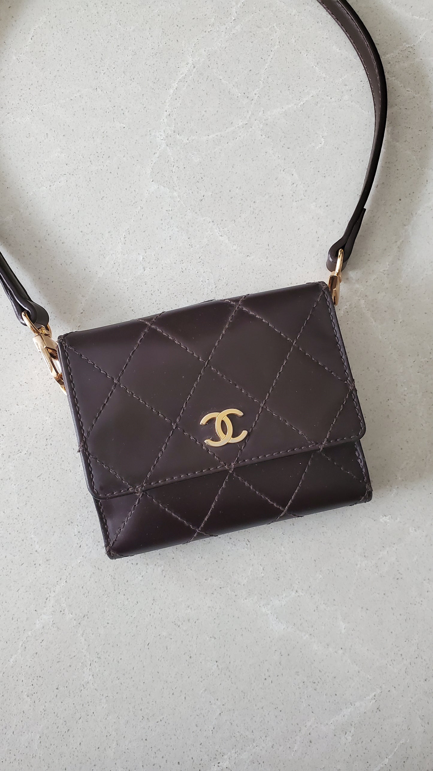 Authentic Vintage Chanel Upcycle (Brown) Small Shoulder Wallet with Strap