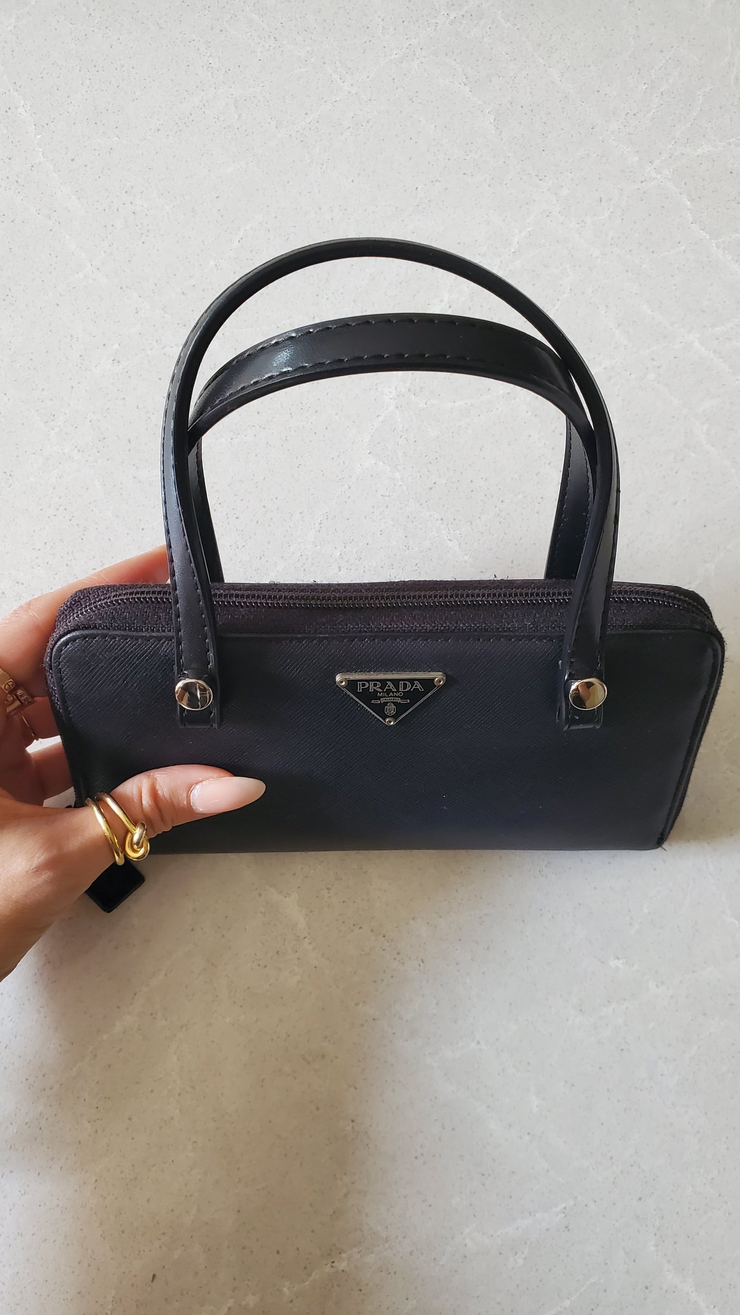 Authentic Prada Upcycle Black Zip-Up Wallet with Handle Straps
