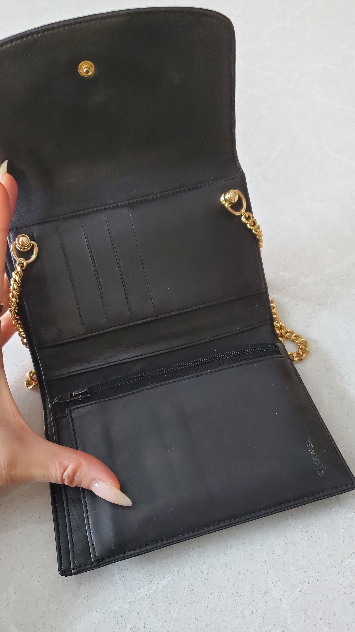 Authentic Vintage Chanel Upcycle Black Patent Compact Wallet on Chain