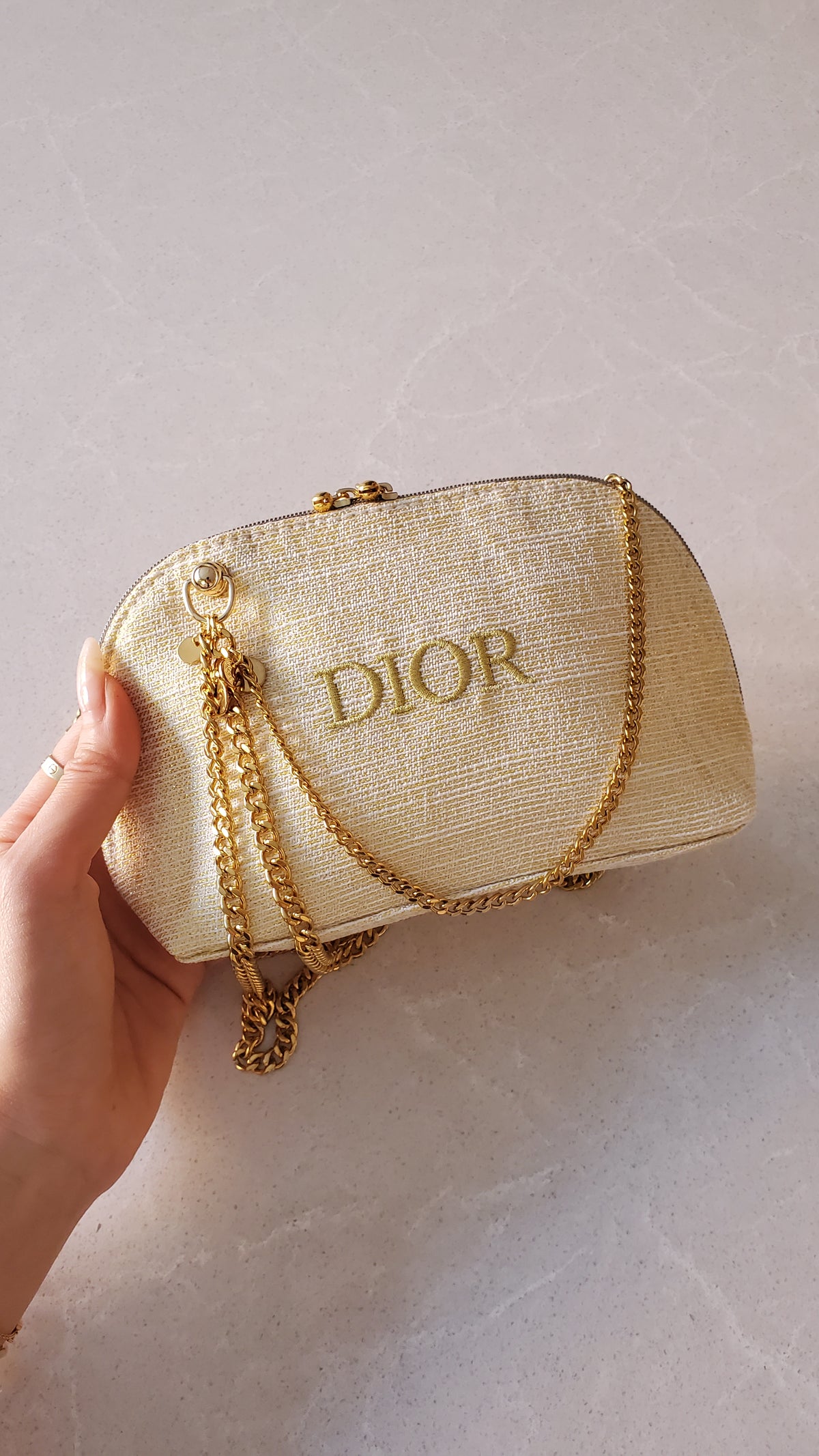 Authentic Dior Upcycle Versatile Gold Holiday Beauty Pouch with Handmade Chains