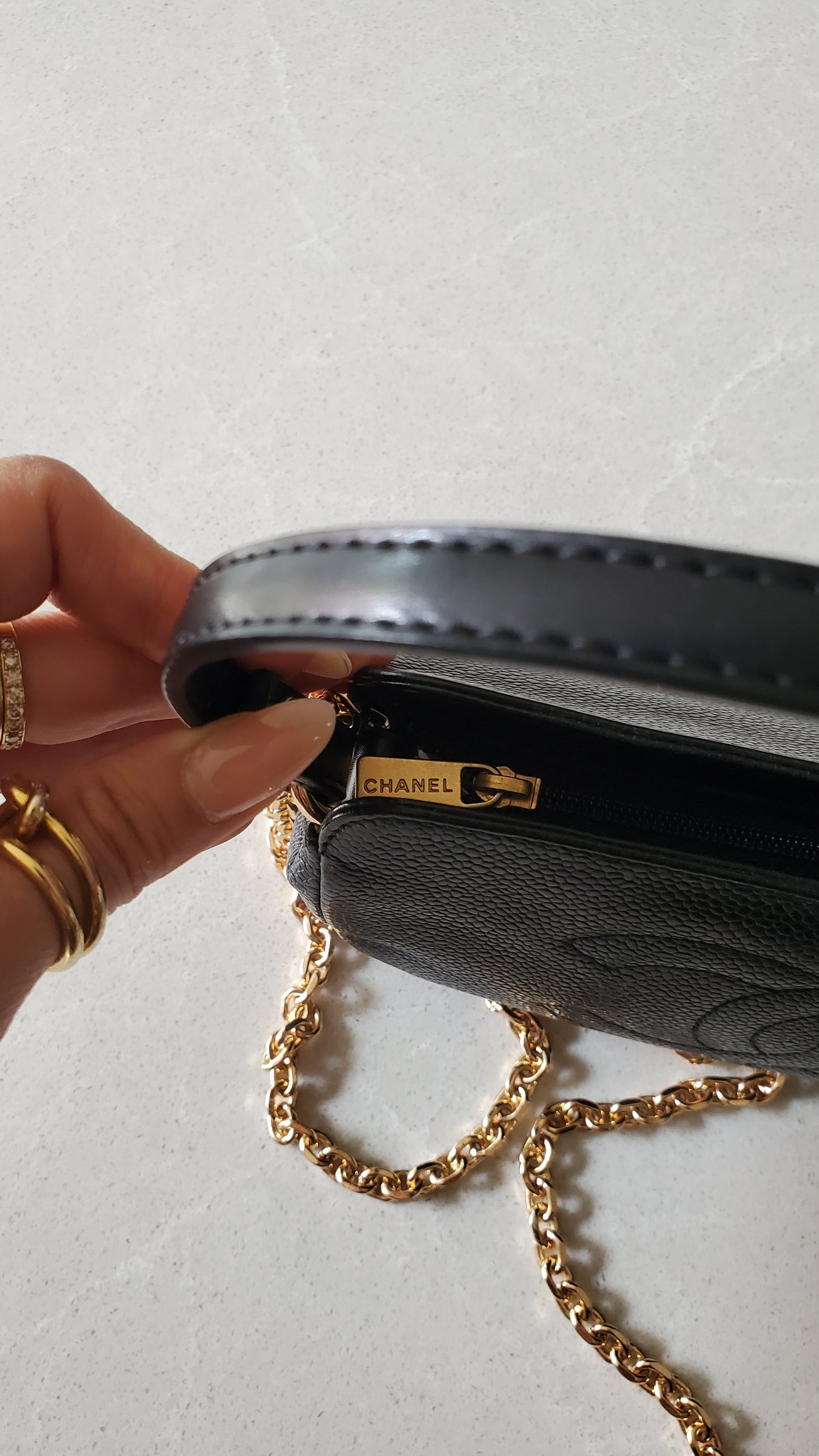 Authentic Vintage Chanel Caviar Perfect Size Upcycle Pouch/ Purse with Handle Strap & Chain