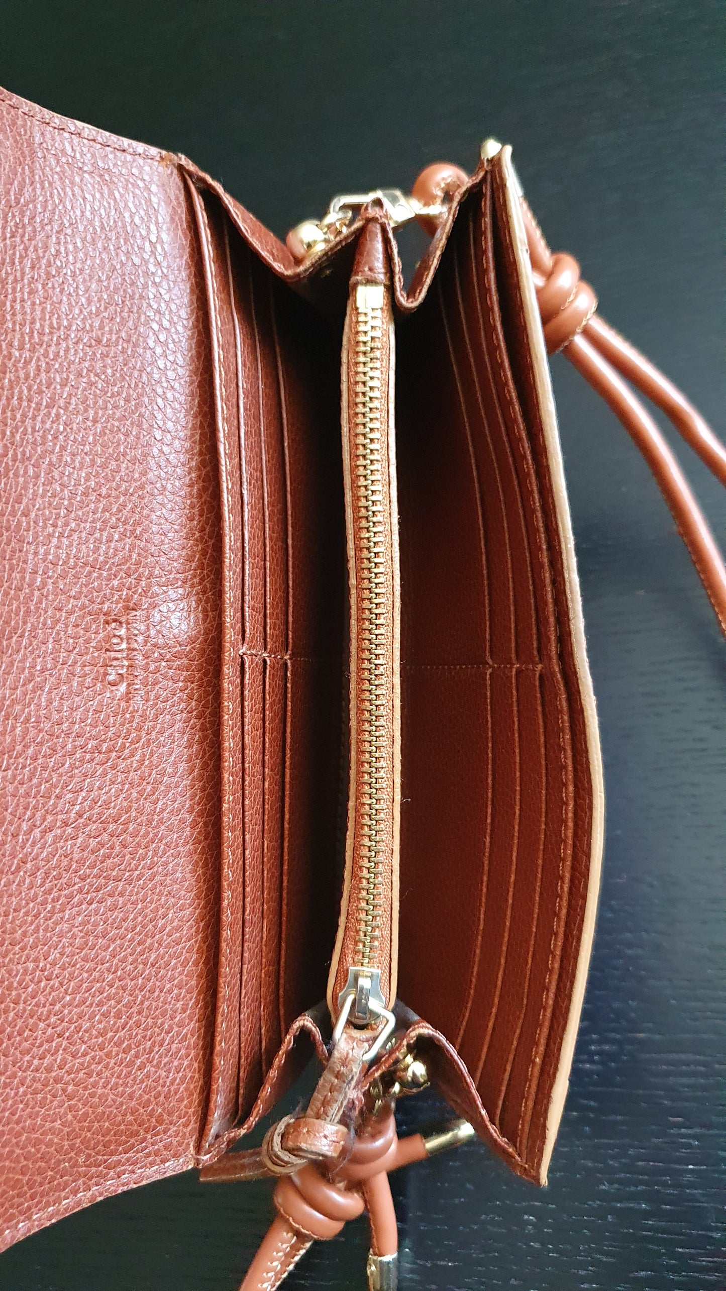 Authentic Chloe Upcycle Brown Leather Long Wallet with Strap