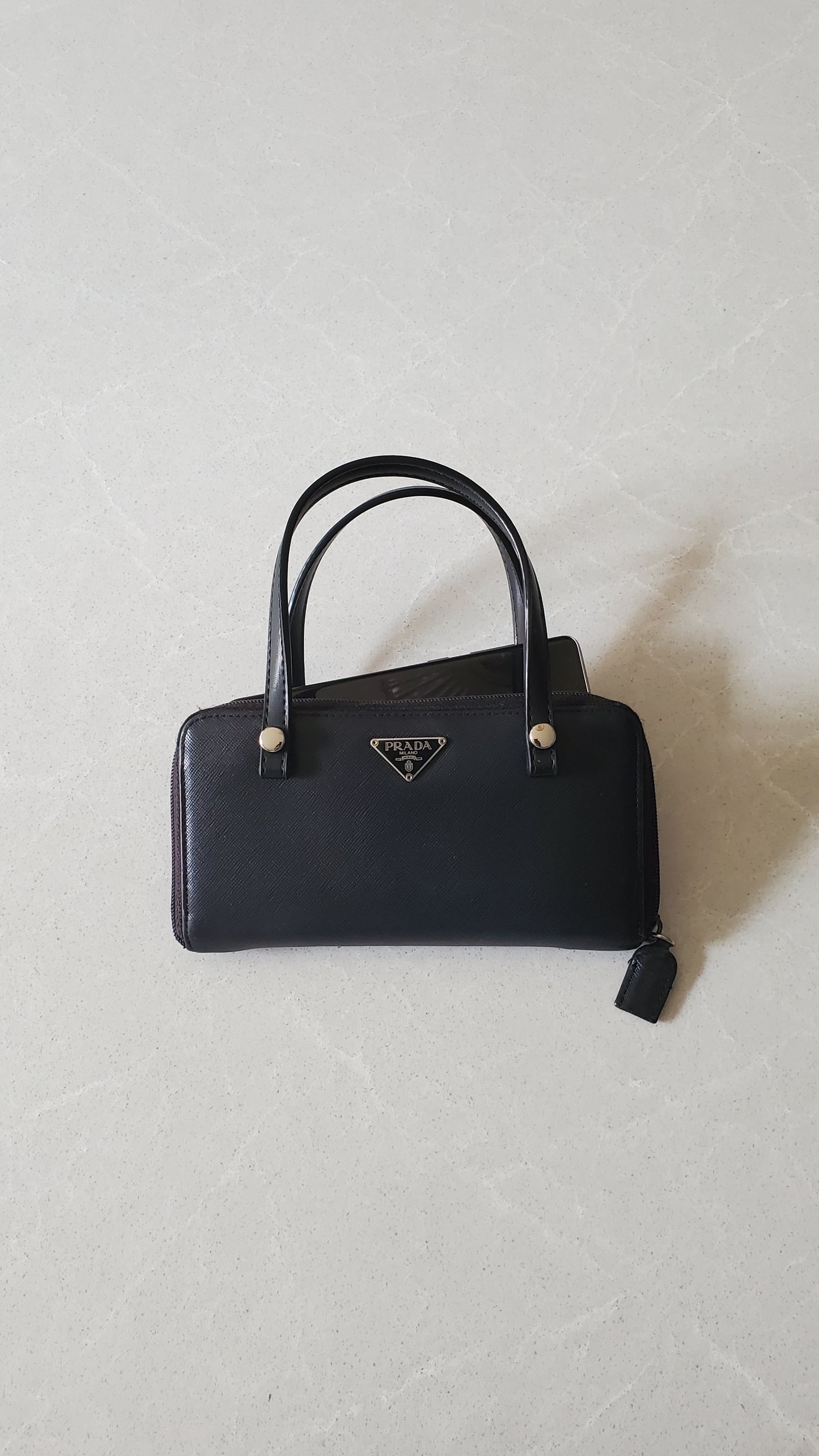 Authentic Prada Upcycle Black Zip-Up Wallet with Handle Straps