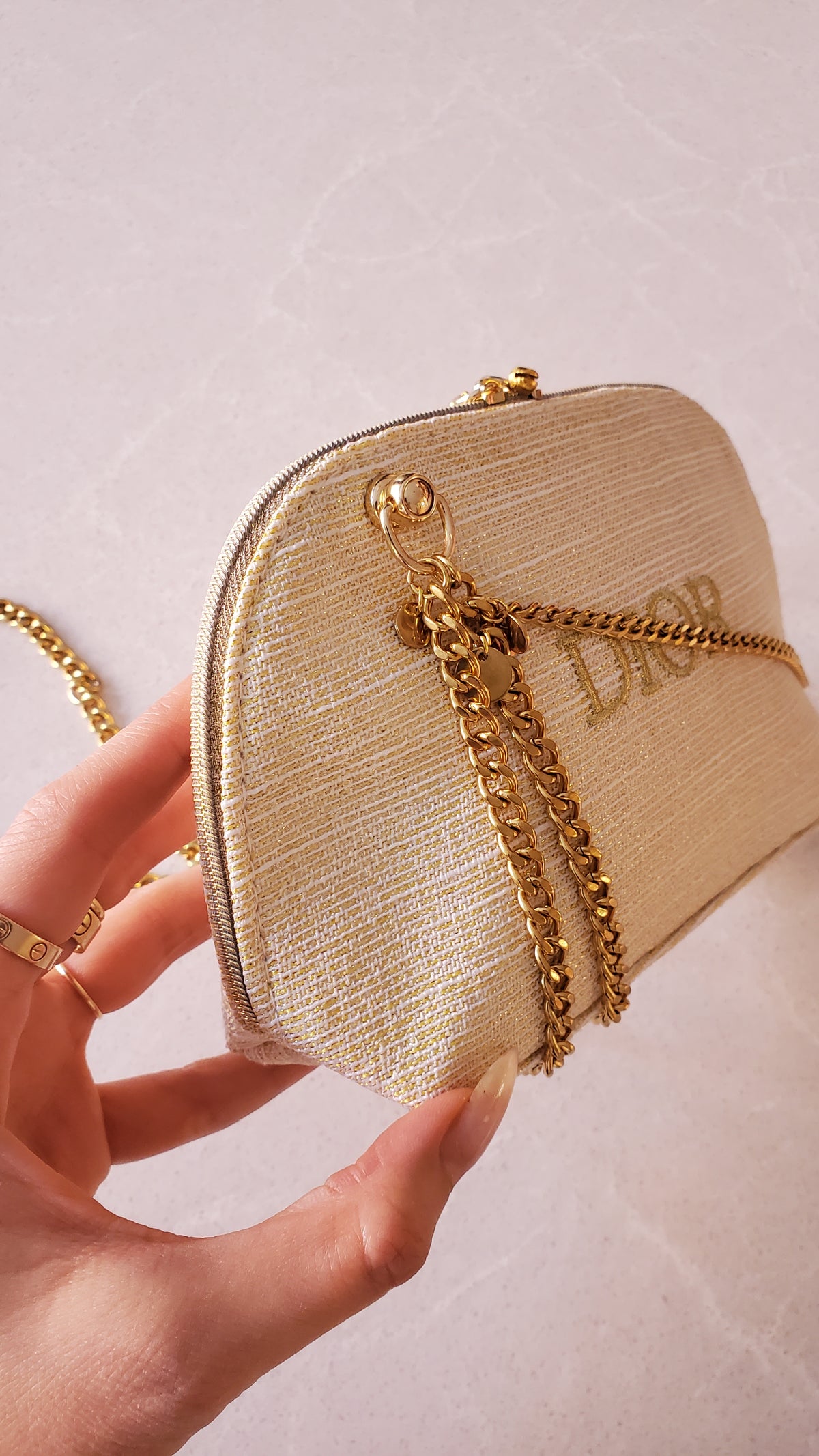 Authentic Dior Upcycle Versatile Gold Holiday Beauty Pouch with Handmade Chains
