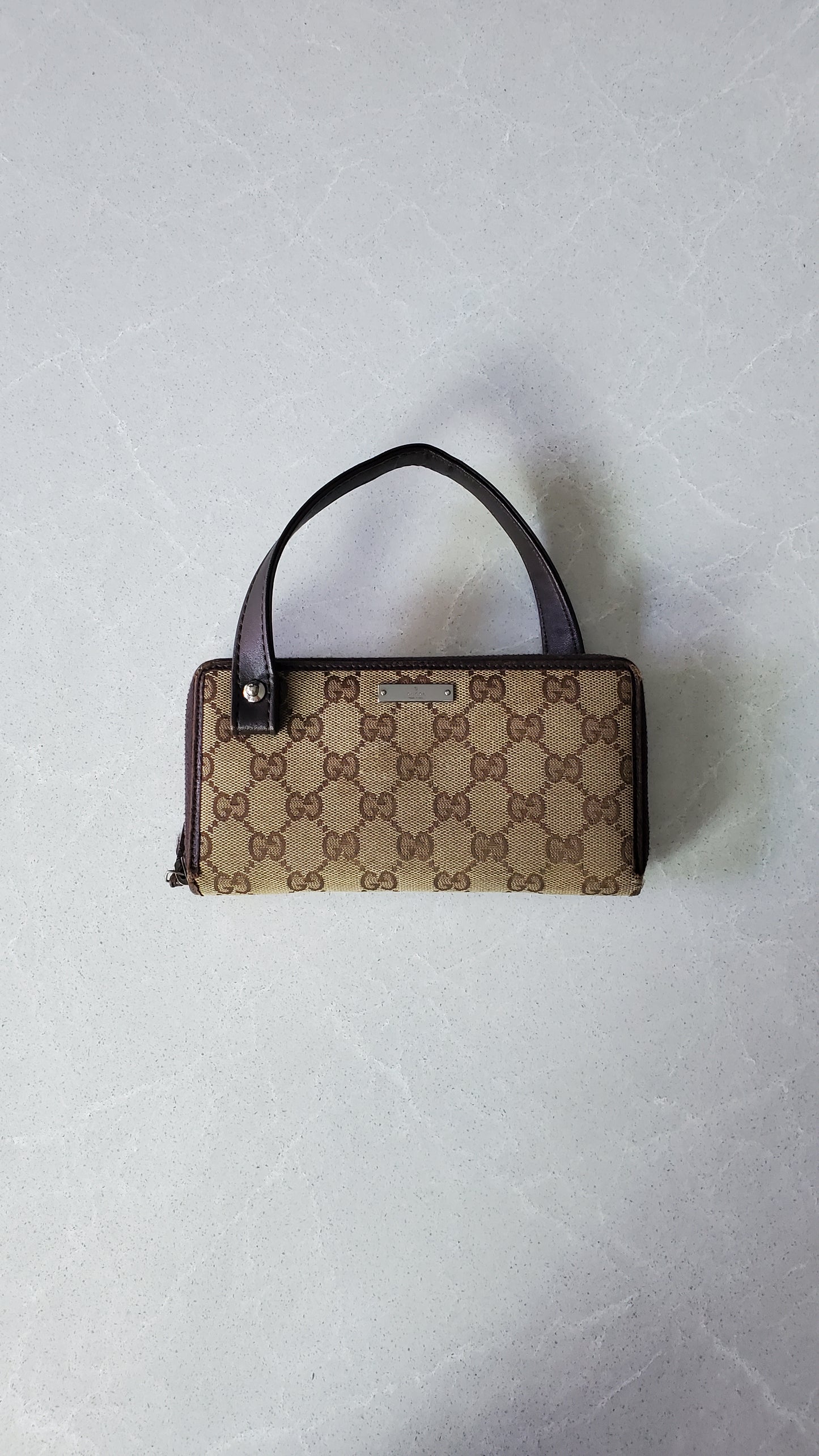 Authentic Vintage Gucci Upcycle Brown Zip Wallet with Single Strap