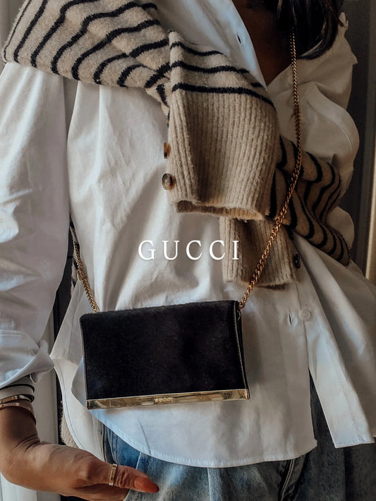 Authentic Unique Vintage Gucci Upcycle Versatile Black Furry Flap Wallet on Chain