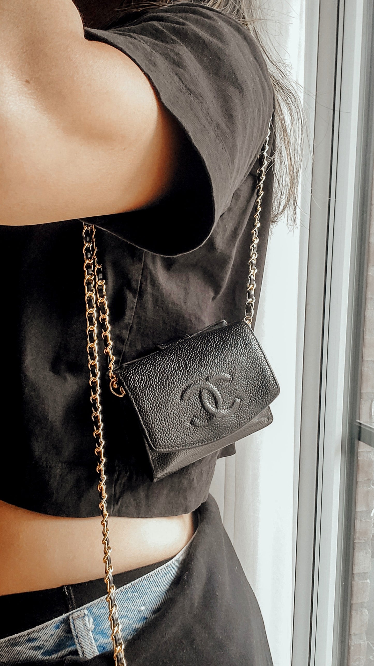 Authentic Vintage Chanel Upcycle Black Caviar Compact Wallet on Chain