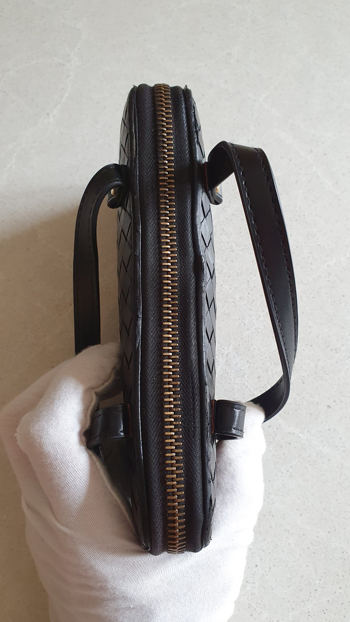 Authentic Bottega Veneta Upcycle Black Zip Wallet with Two Handles