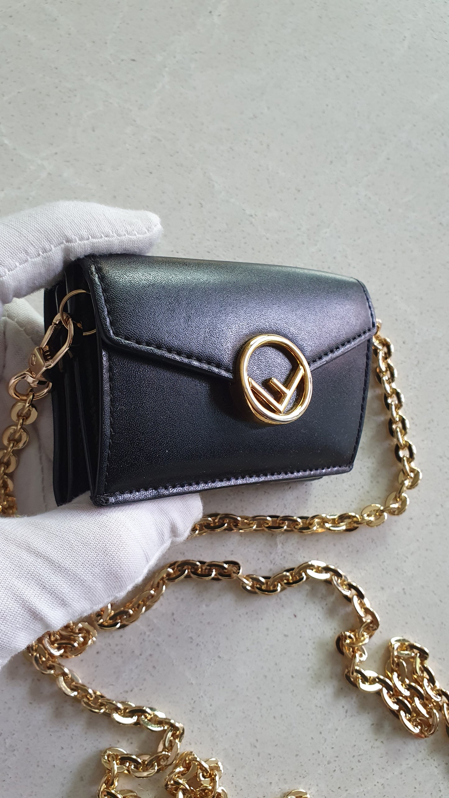 Authentic Fendi Upcycle Black Leather Mini Wallet with Chain