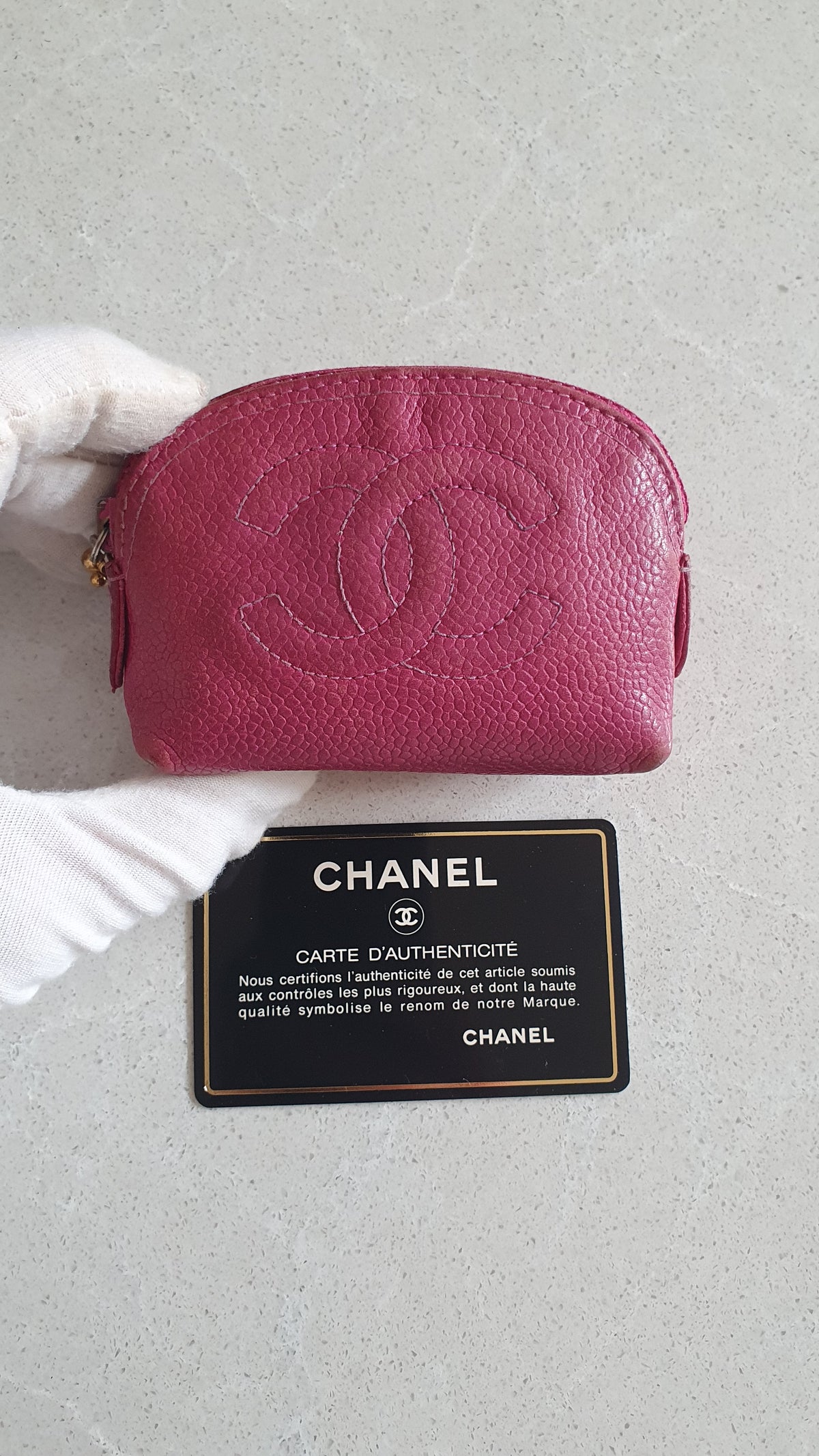 Authentic Chanel Fuchsia Caviar Leather Mini Pouch