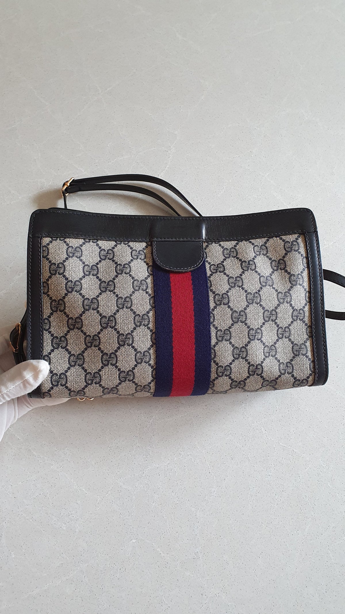 Authentic Vintage Gucci Upcycle Dark Navy Purse (with velcro closing) with Straps and Chain