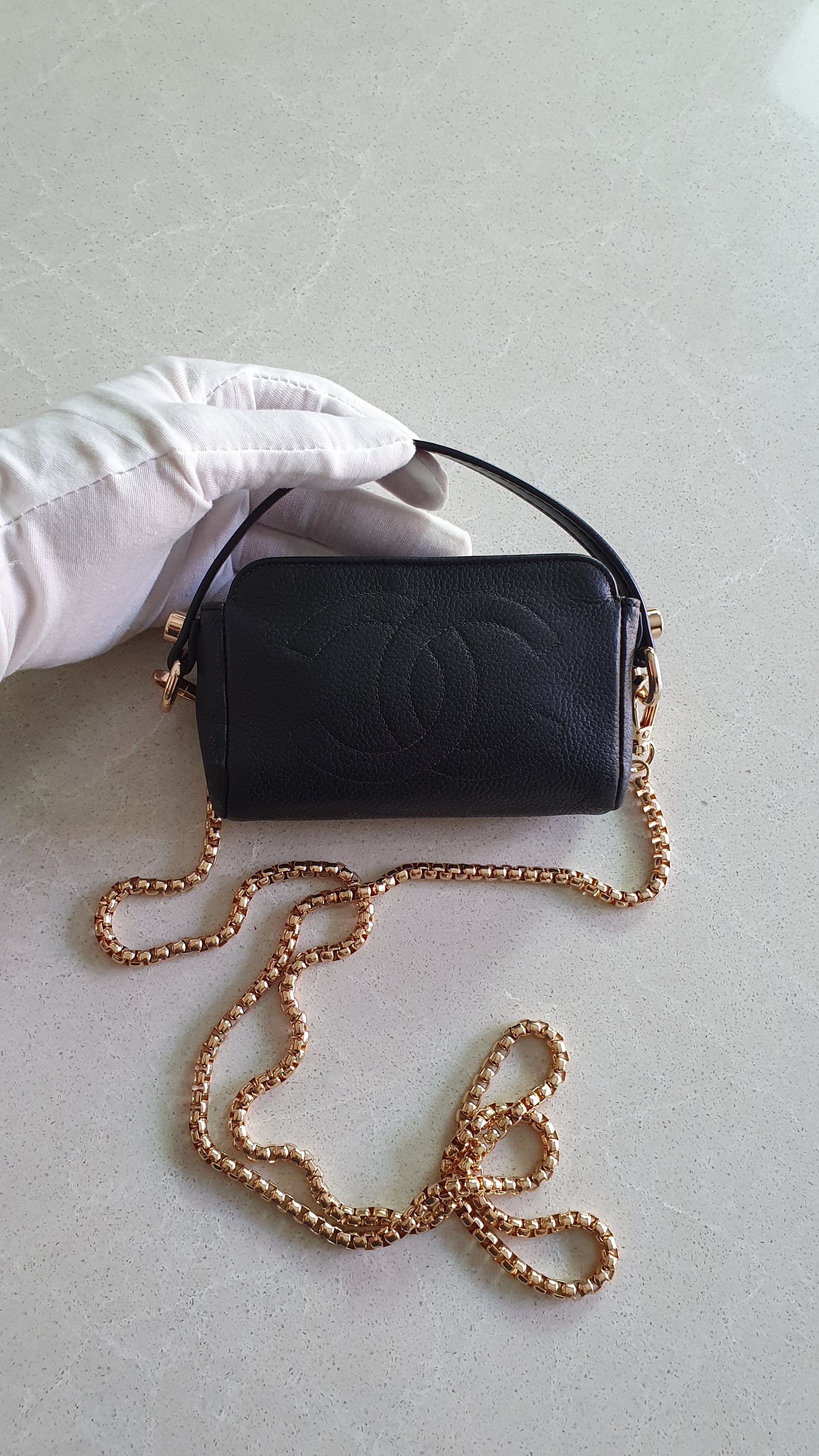 Authentic Chanel Upcycle Mini Black Caviar Pouch with Strap & Chain