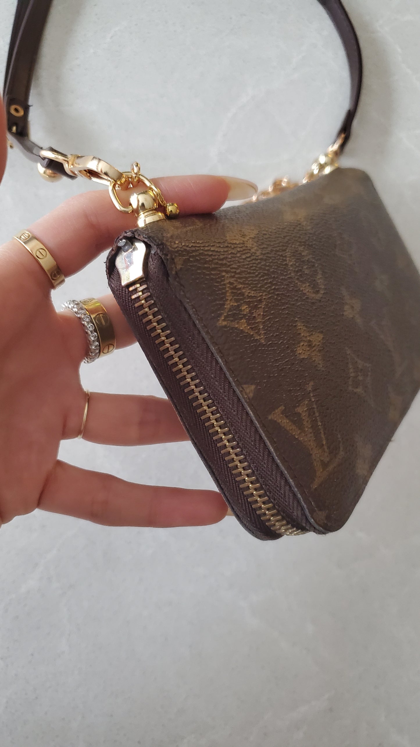 Authentic Louis Vuitton Upcycle Zip Up Wallet with Shoulder Strap and Chain