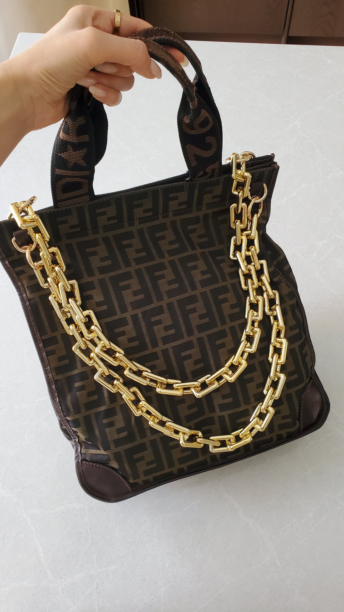 Authentic Fendi FF Upcycle Large Tote Bag with Chains