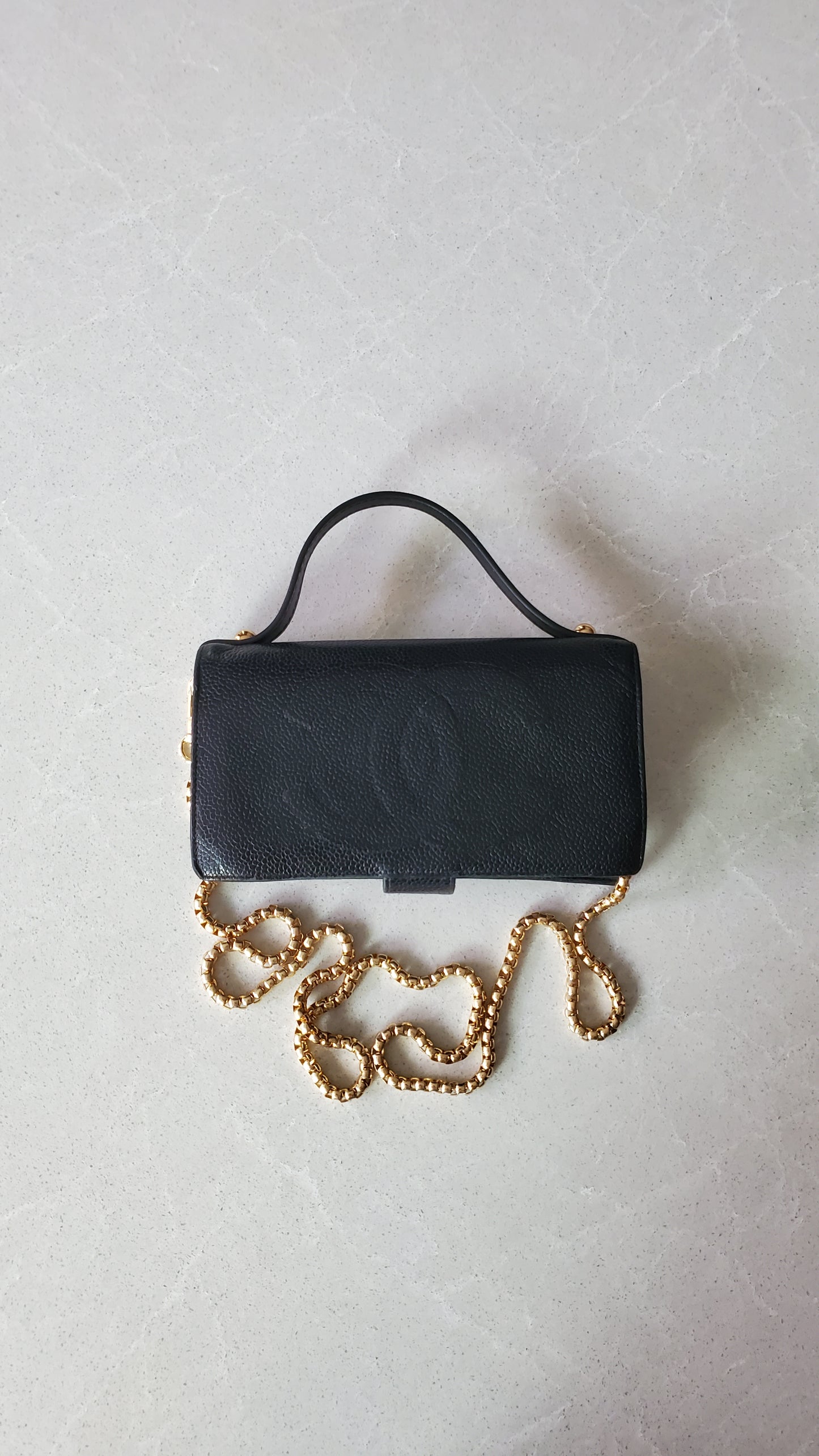 Authentic Chanel Upcycle Black Caviar Long Wallet with Strap & Chain