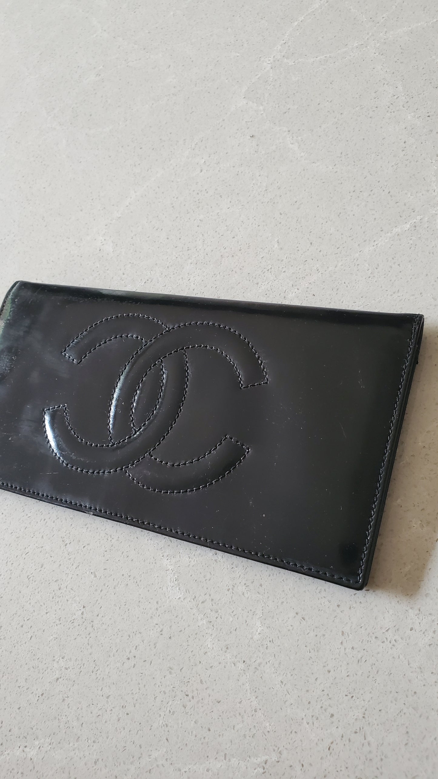 Authentic Chanel Black Patent Flat Flap Wallet
