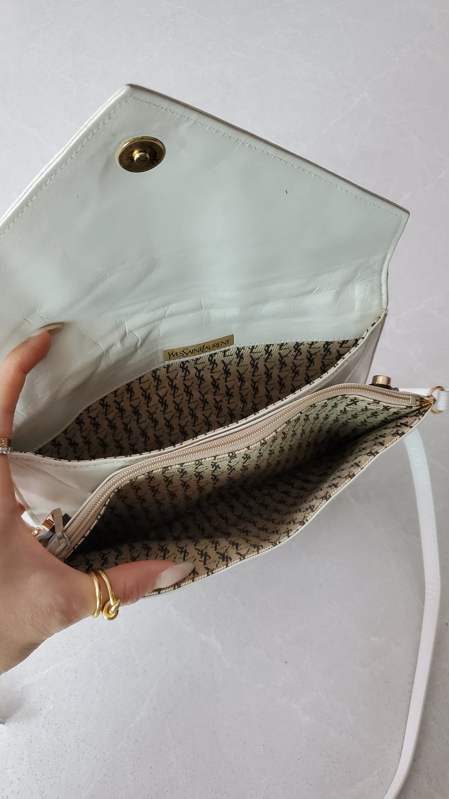 Authentic Vintage YSL Yves Saint Laurent Upcycle White Leather Multi Compartments Purse with Straps