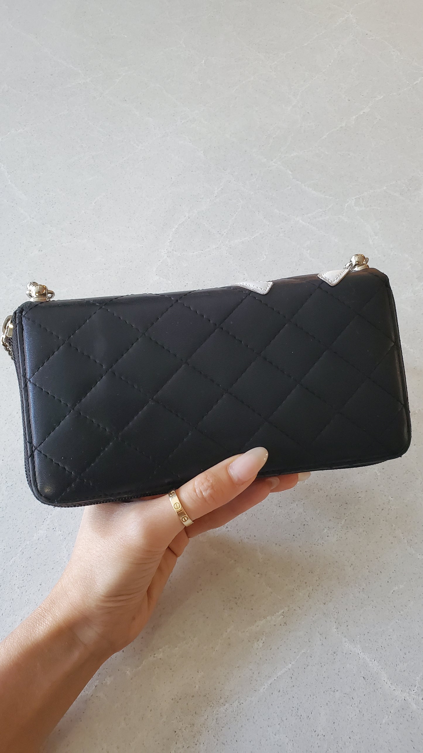 Authentic Vintage Chanel Upcycle Black Lambskin Zip Wallet with Chain