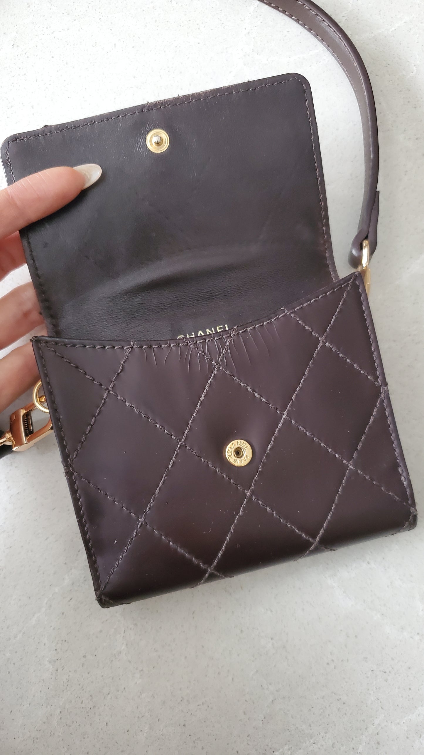 Authentic Vintage Chanel Upcycle (Brown) Small Shoulder Wallet with Strap