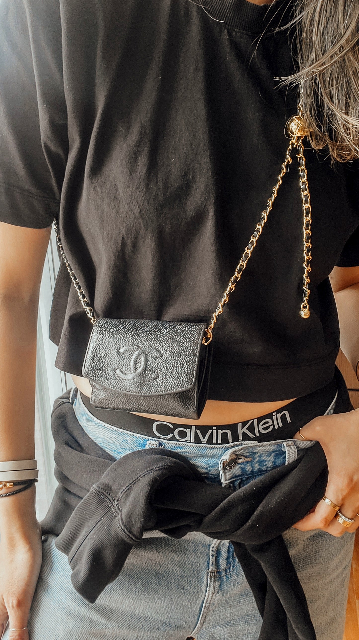 Authentic Vintage Chanel Upcycle Black Caviar Compact Wallet on Chain