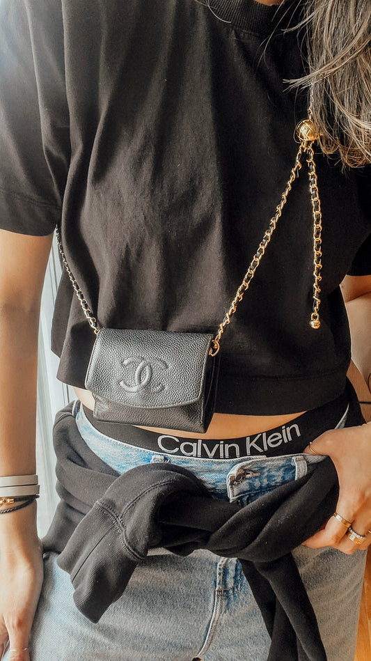 Authentic Vintage Chanel Upcycle Black Caviar Compact Wallet on Chain