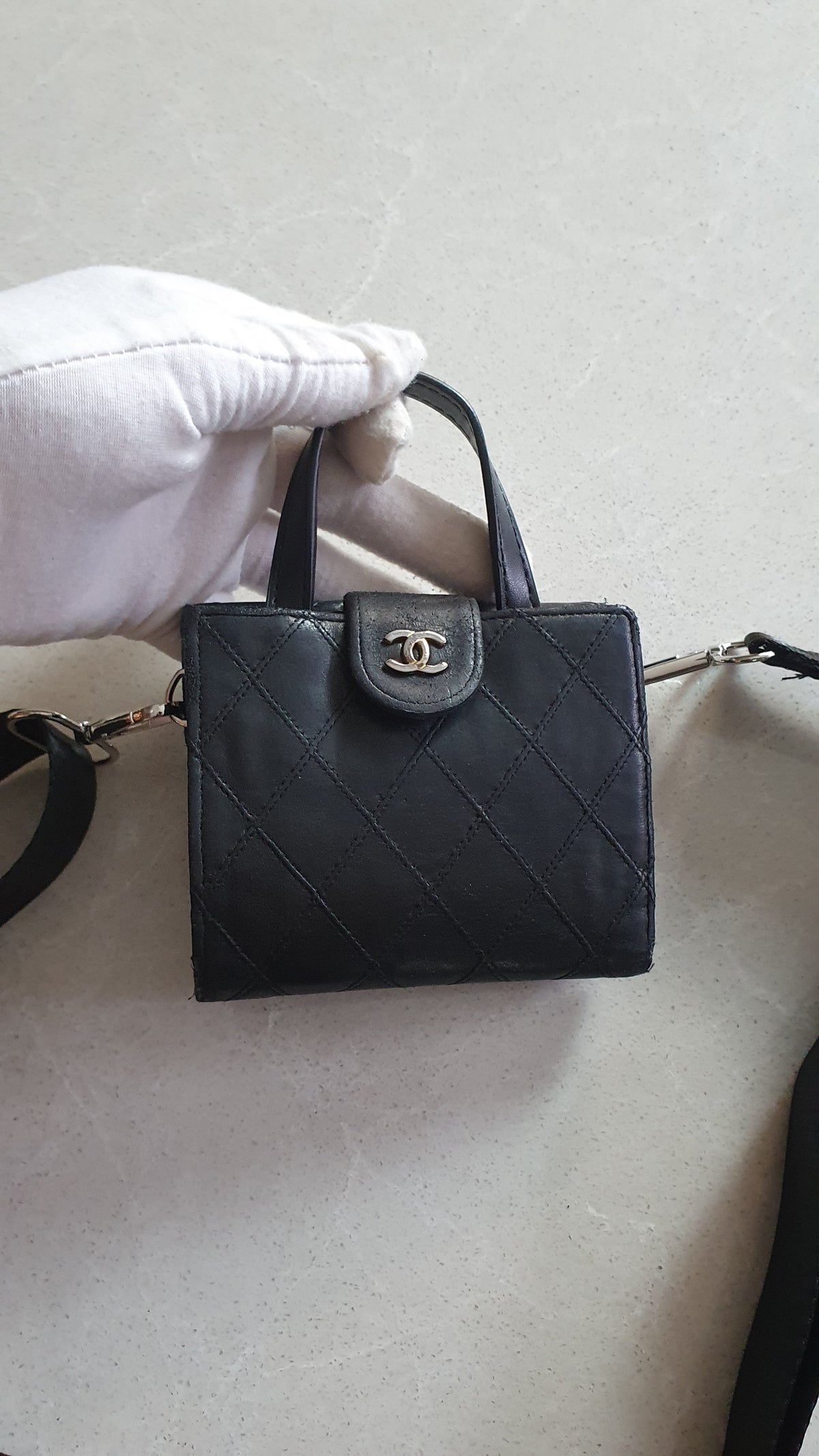 Authentic Chanel (2) Upcycle Small Black Compact Wallet with Single Handle