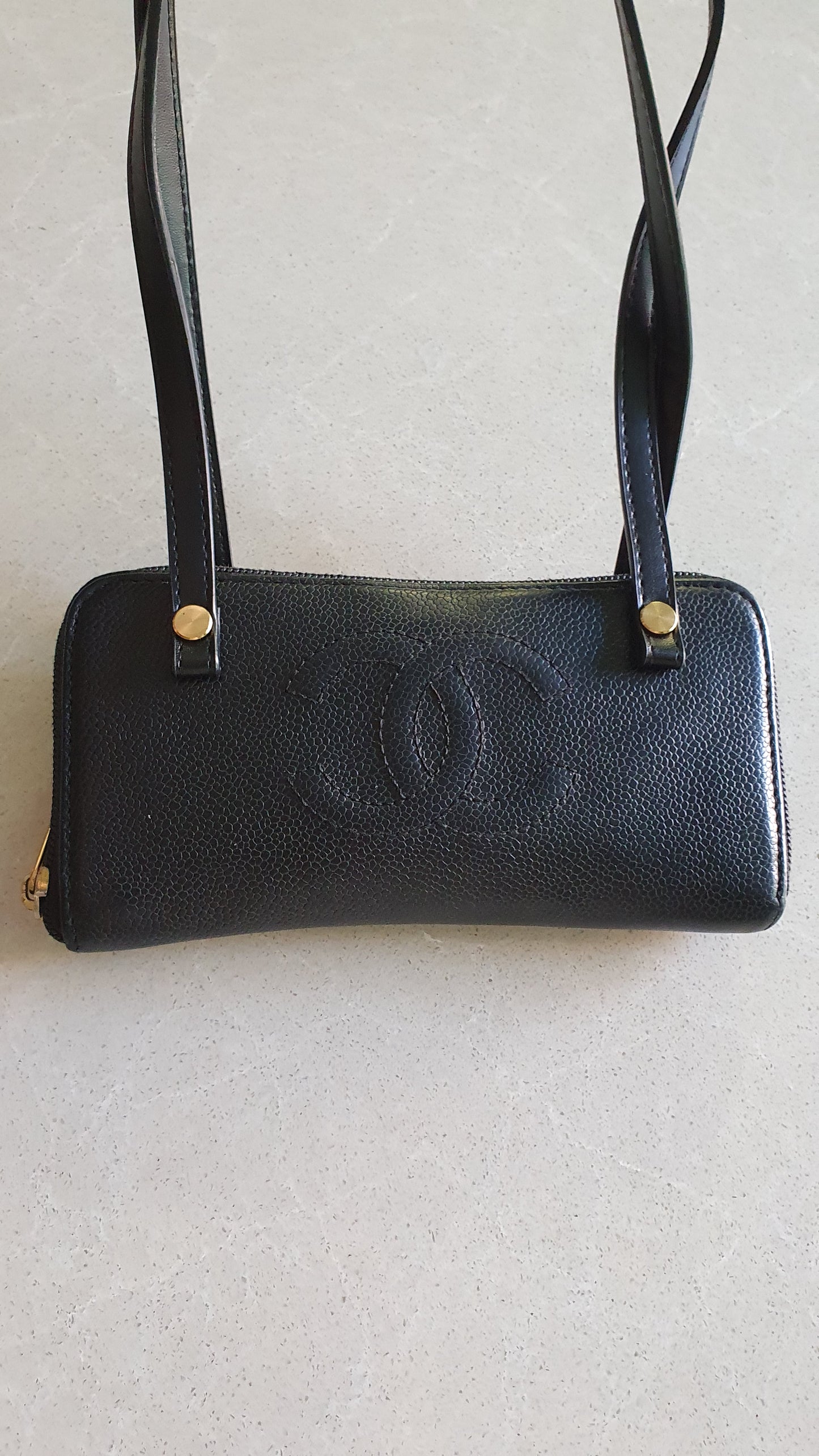 Authentic Chanel Upcycle Black Caviar Wallet with Shoulder Straps