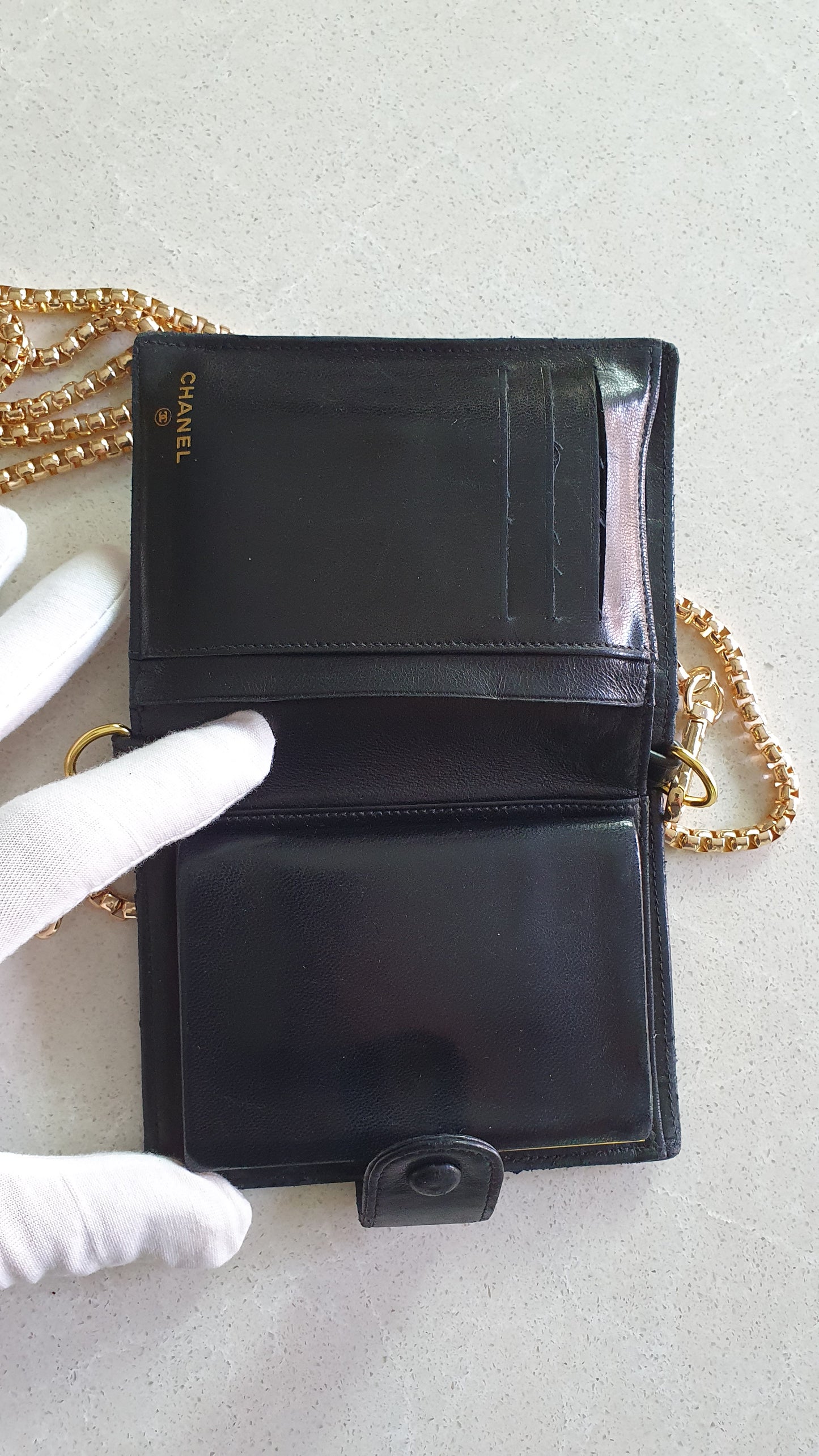 Authentic Chanel Upcycle Small Black Leather Wallet with Strap and Chain