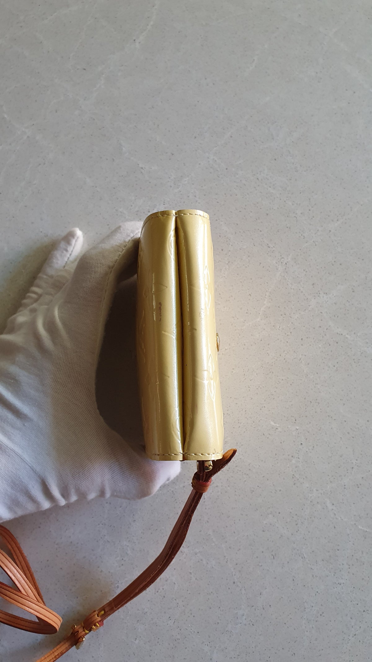 Authentic Louis Vuitton Upcycle Small Yellow Vernis Compact Wallet with Strap