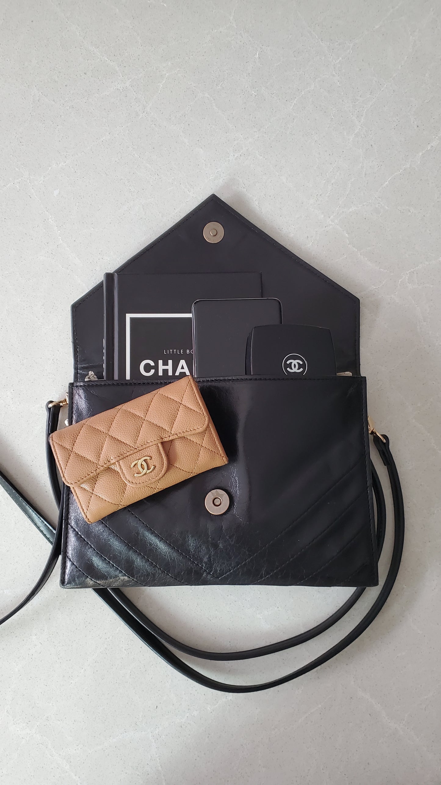 Authentic Vintage YSL Yves Saint Laurent Upcycle Black Leather Multi Compartments Purse with Straps