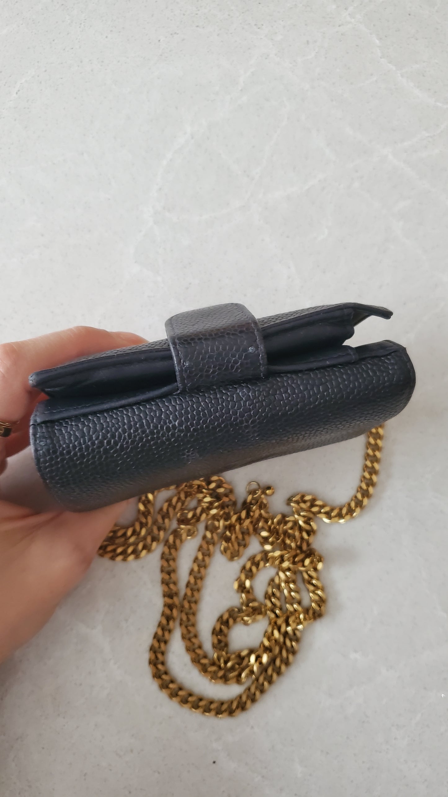 Authentic Vintage Chanel Upcycle Black Caviar Compact Wallet on Chain