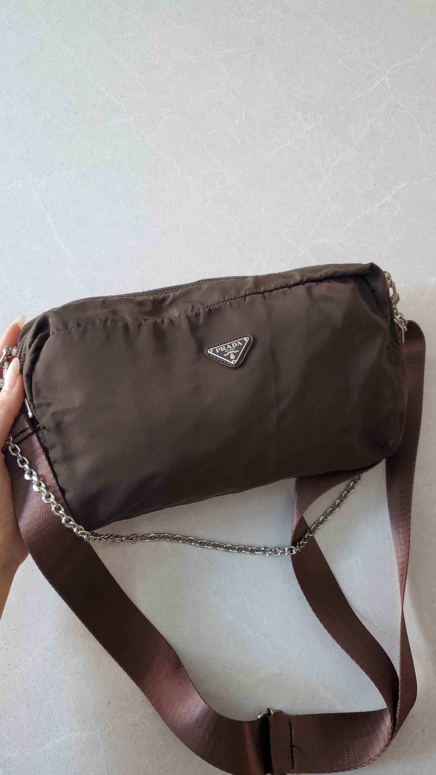 Authentic Prada (Dark Green/ Brown) Upcycle Large Nylon Pouch with Chain & Strap