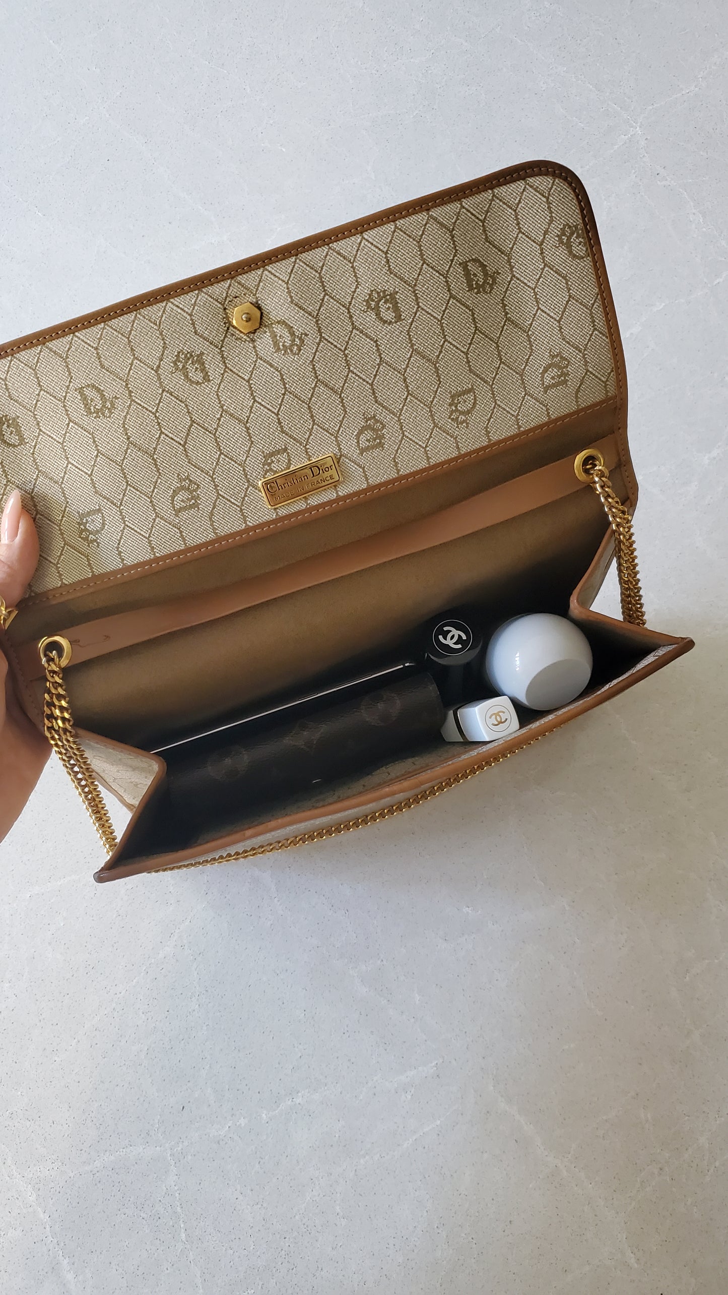Authentic Vintage Dior Tan Purse with Versatile Chain