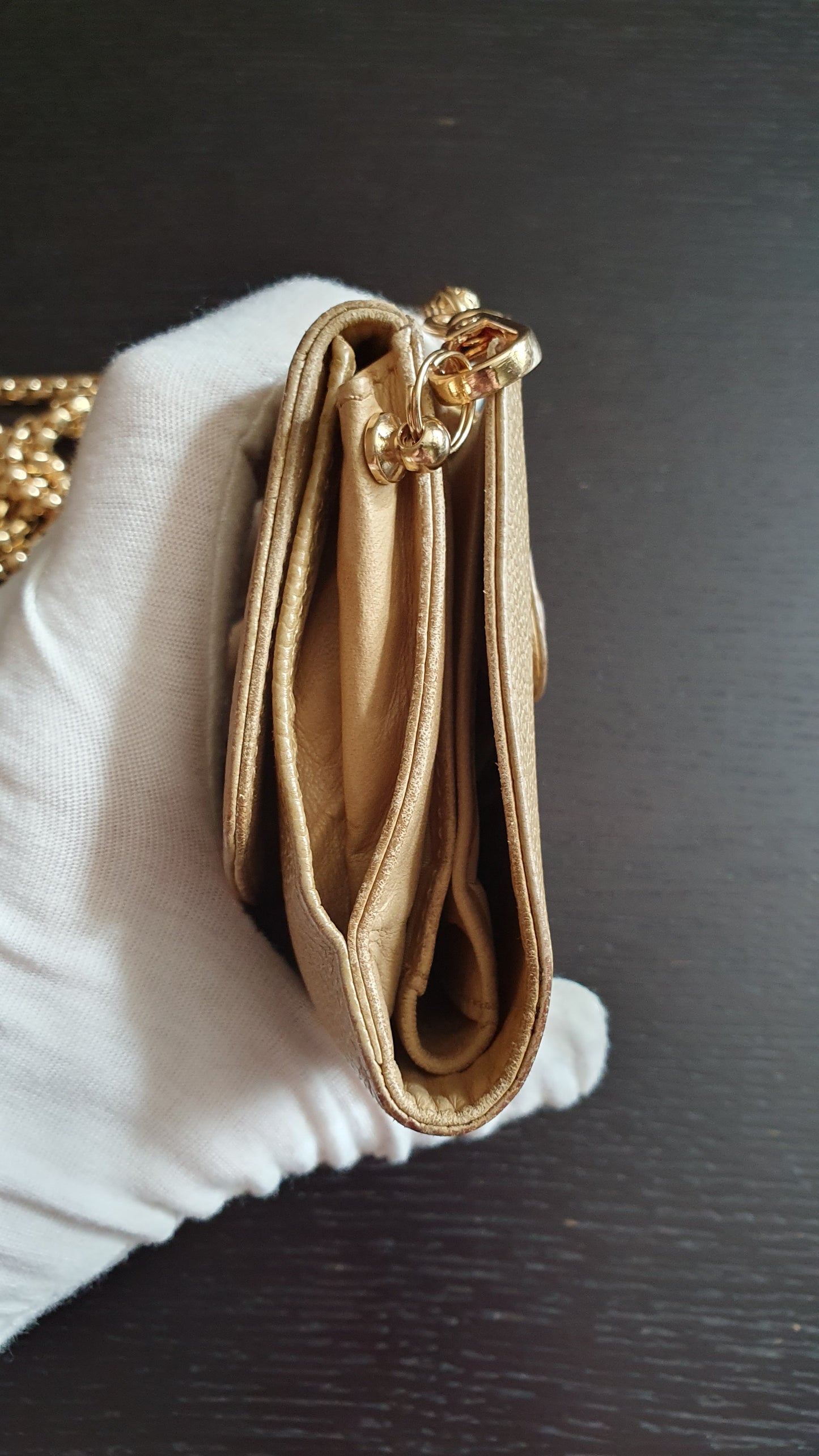 Authentic Chanel Upcycle (Tan) Small Compact Caviar Wallet with Chain