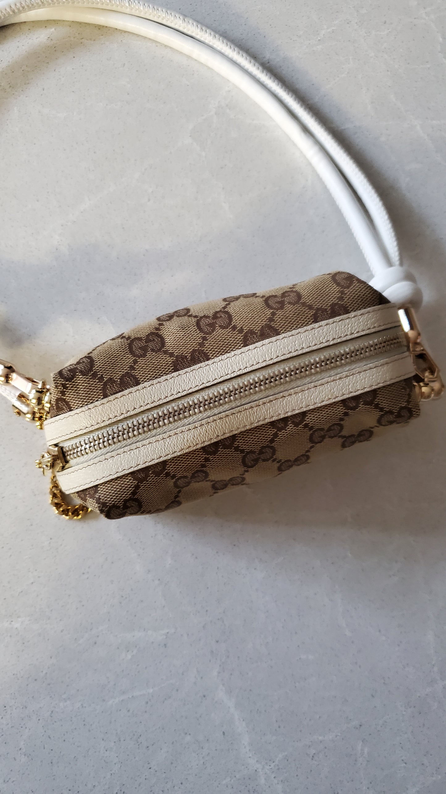 Authentic Vintage Gucci Upcycle Tan Fabric Pouch on Chain & Strap