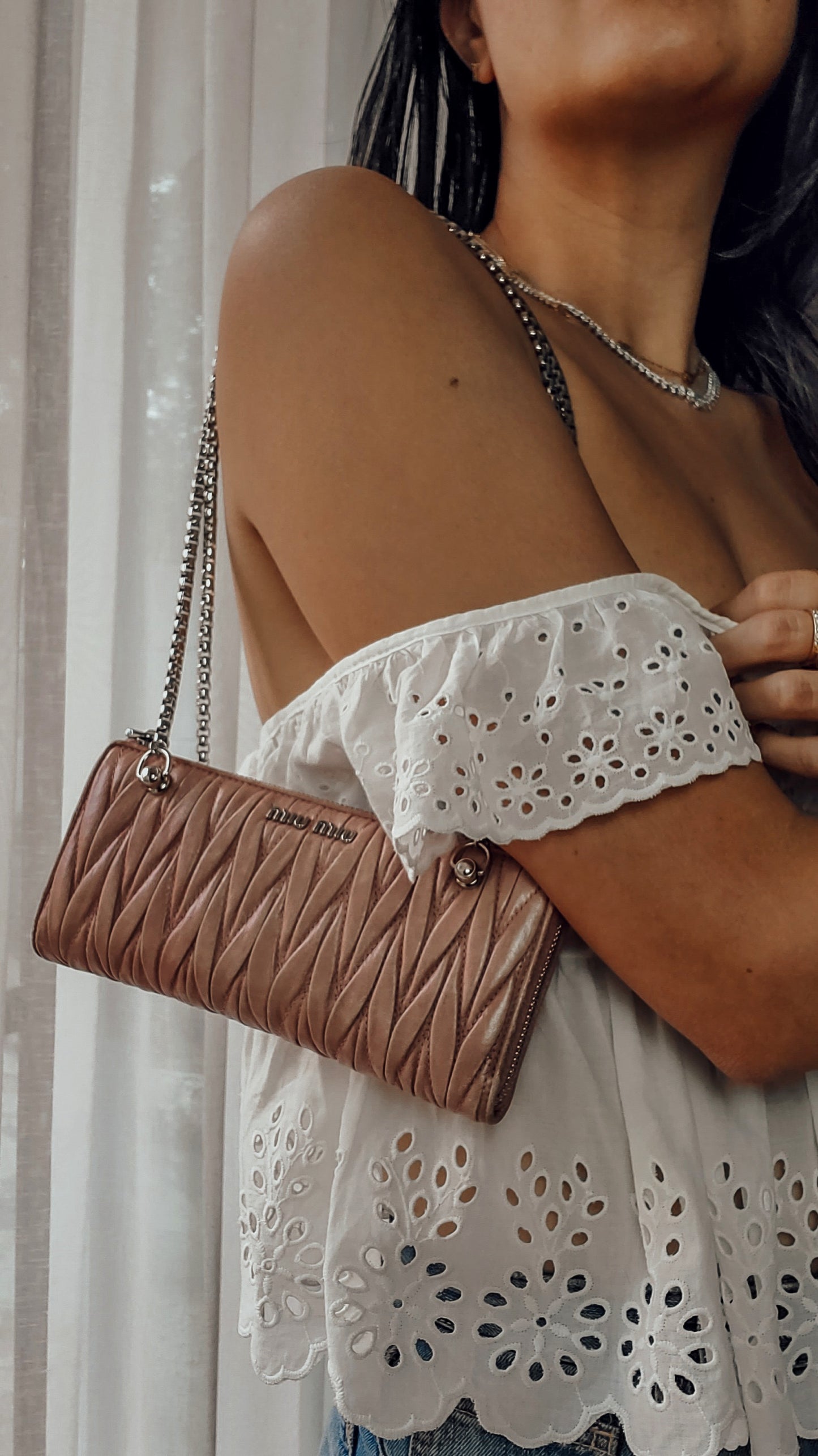 Authentic Miu Miu Upcycle Pink Zip Wallet with Shoulder Chains