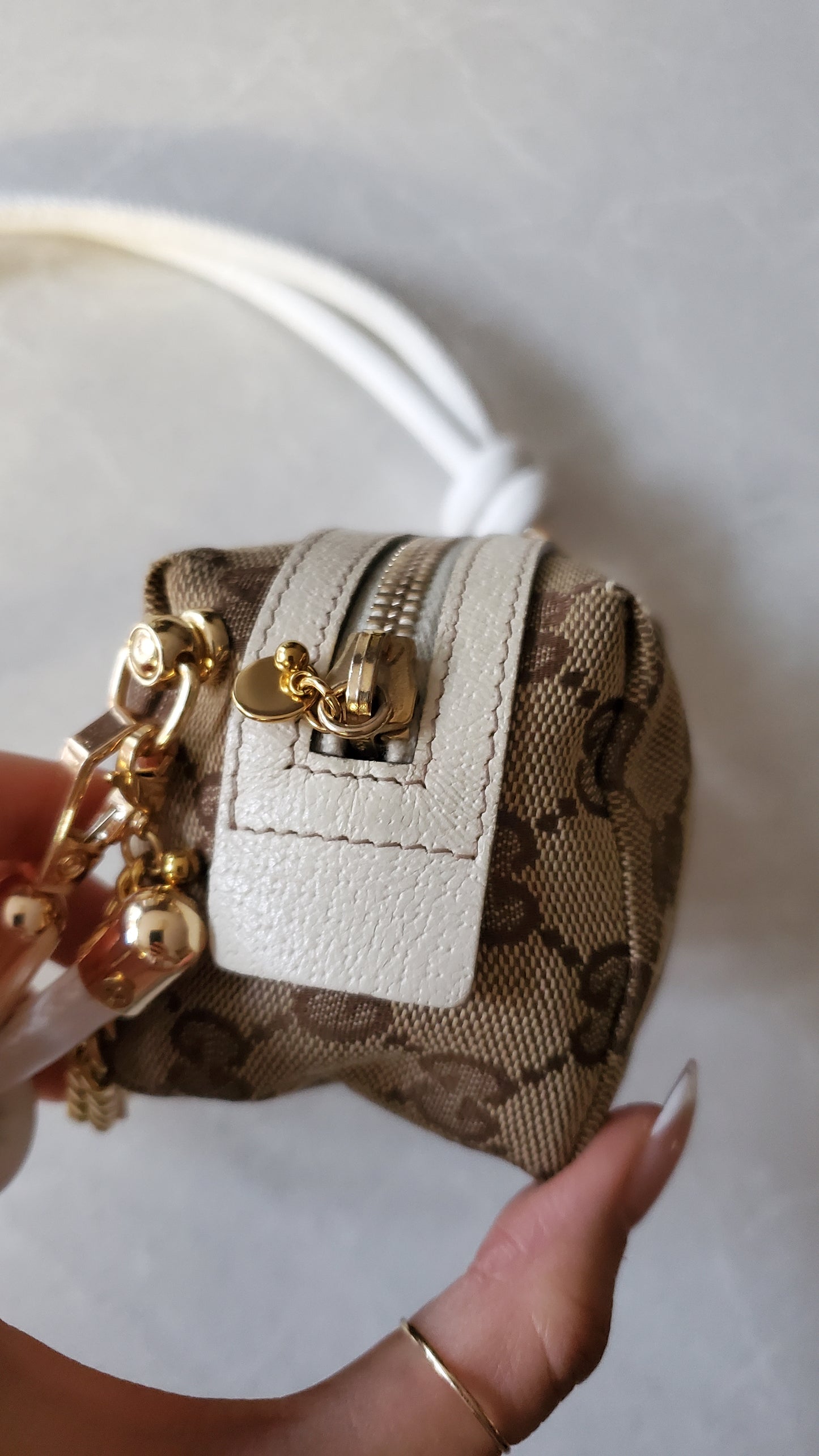 Authentic Vintage Gucci Upcycle Tan Fabric Pouch on Chain & Strap