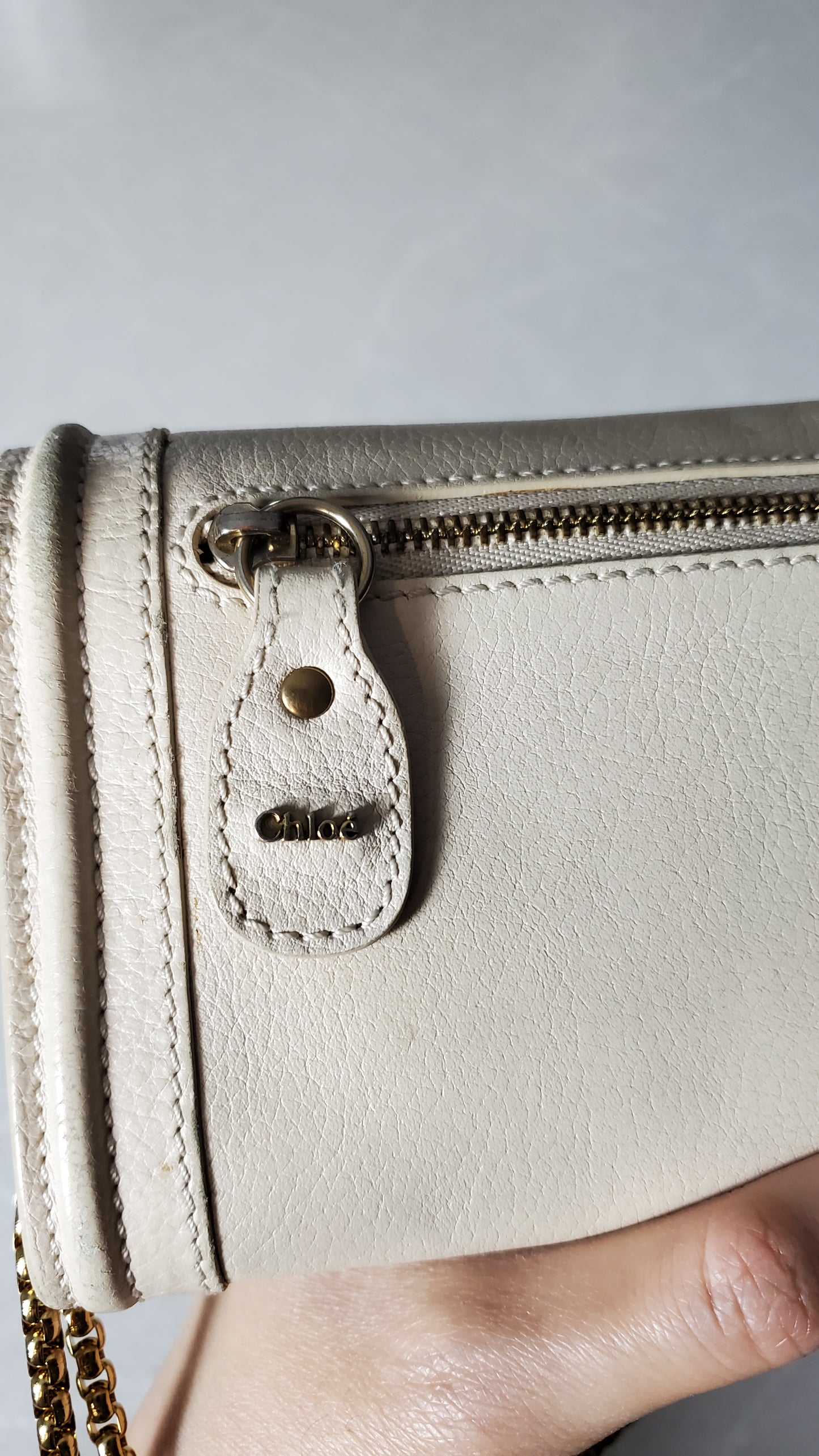 Authentic Chloe Upcycle Cream Leather Wallet with Chain