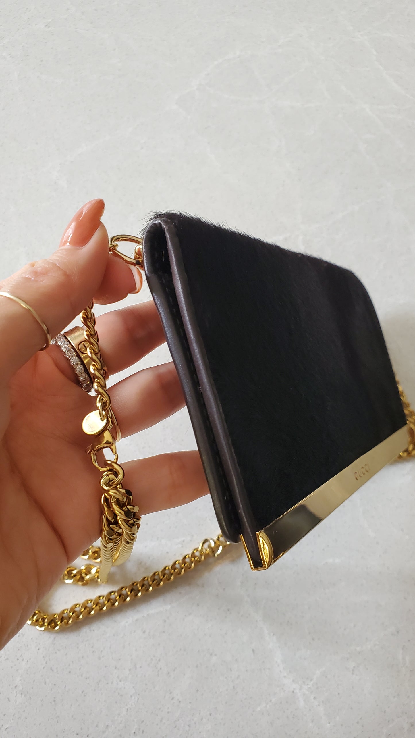 Authentic Unique Vintage Gucci Upcycle Versatile Black Furry Flap Wallet on Chain